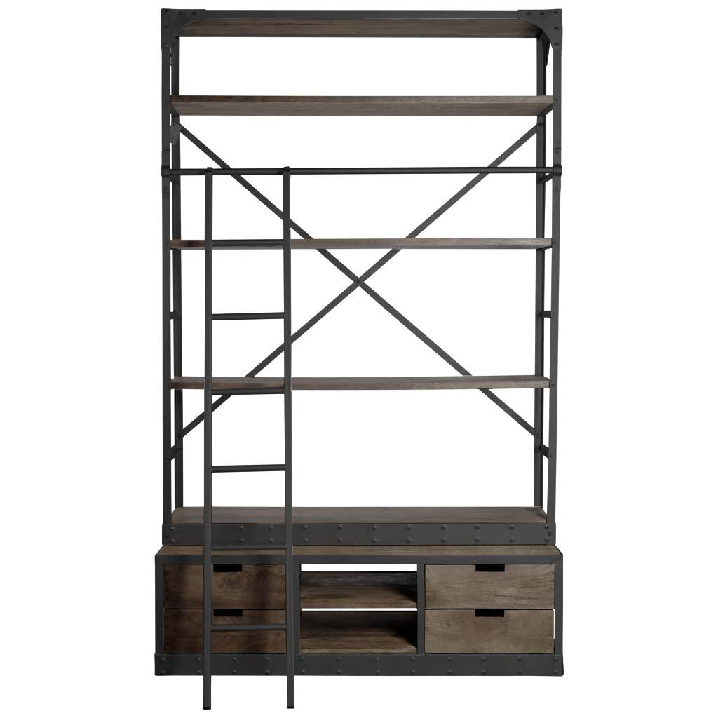 Brodie VIII 57L x 20.5W x 94H Brown Wood Gun-Metal Ladder Four Shelf Shelving Unit