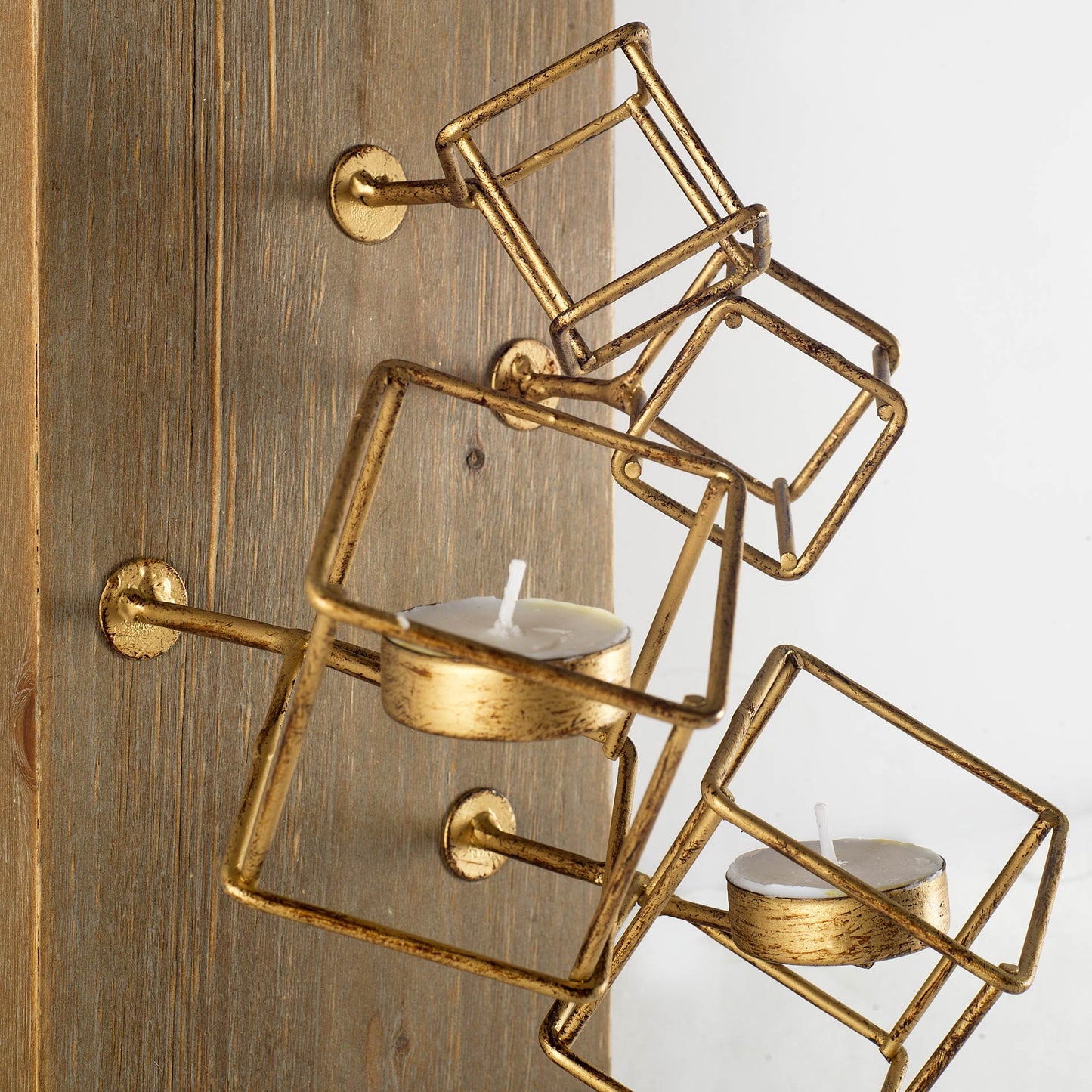 Salvador I 22H Wood Based Brass Metal Cube Wall Candle Holder