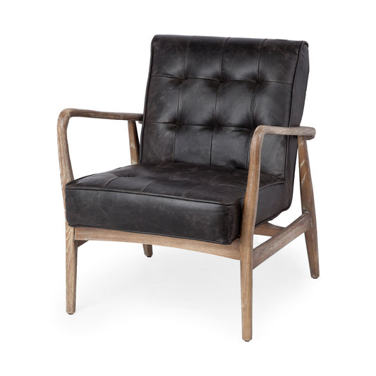 Phineas Leather Accent Chair Black Leather | Brown Wood - accent-chairs