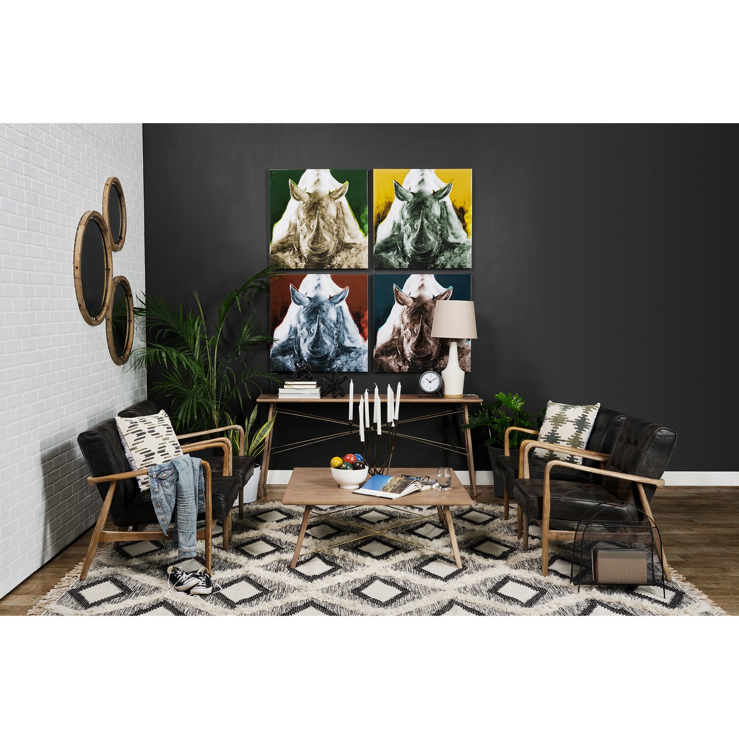 Phineas Leather Accent Chair Black Leather | Brown Wood - accent-chairs