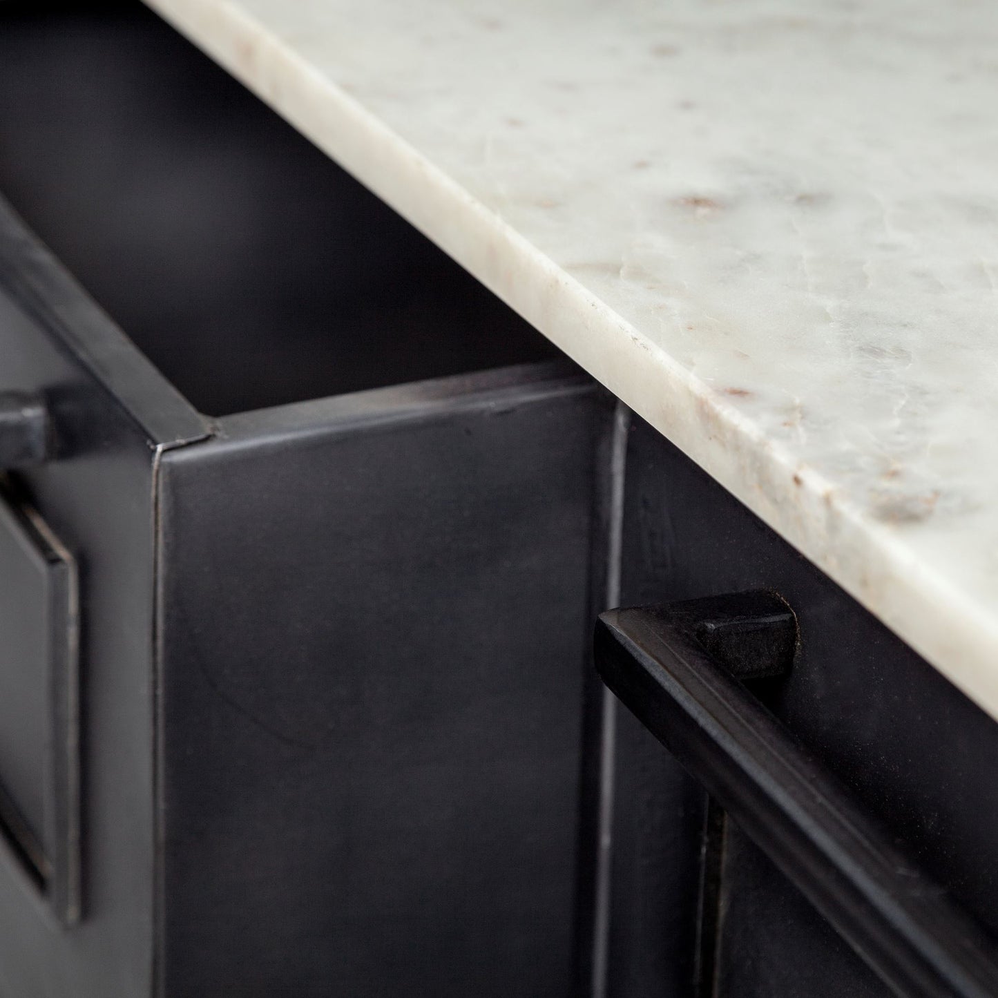 Fieri Solid Iron Black Body White Marble Top Four Drawer Kitchen Island