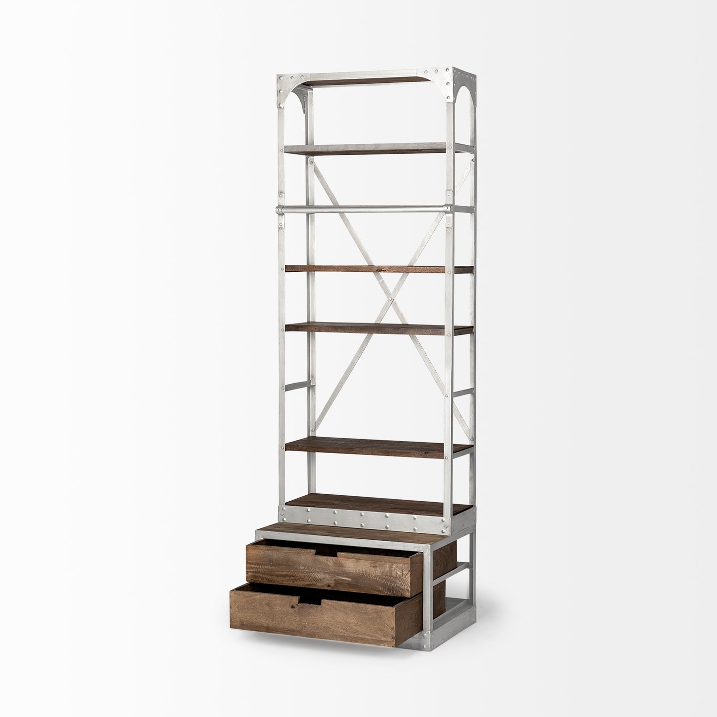 Brodie III 32L x 22W x 94H Medium Brown Wood Silver Accent Four Shelf Shelving Unit