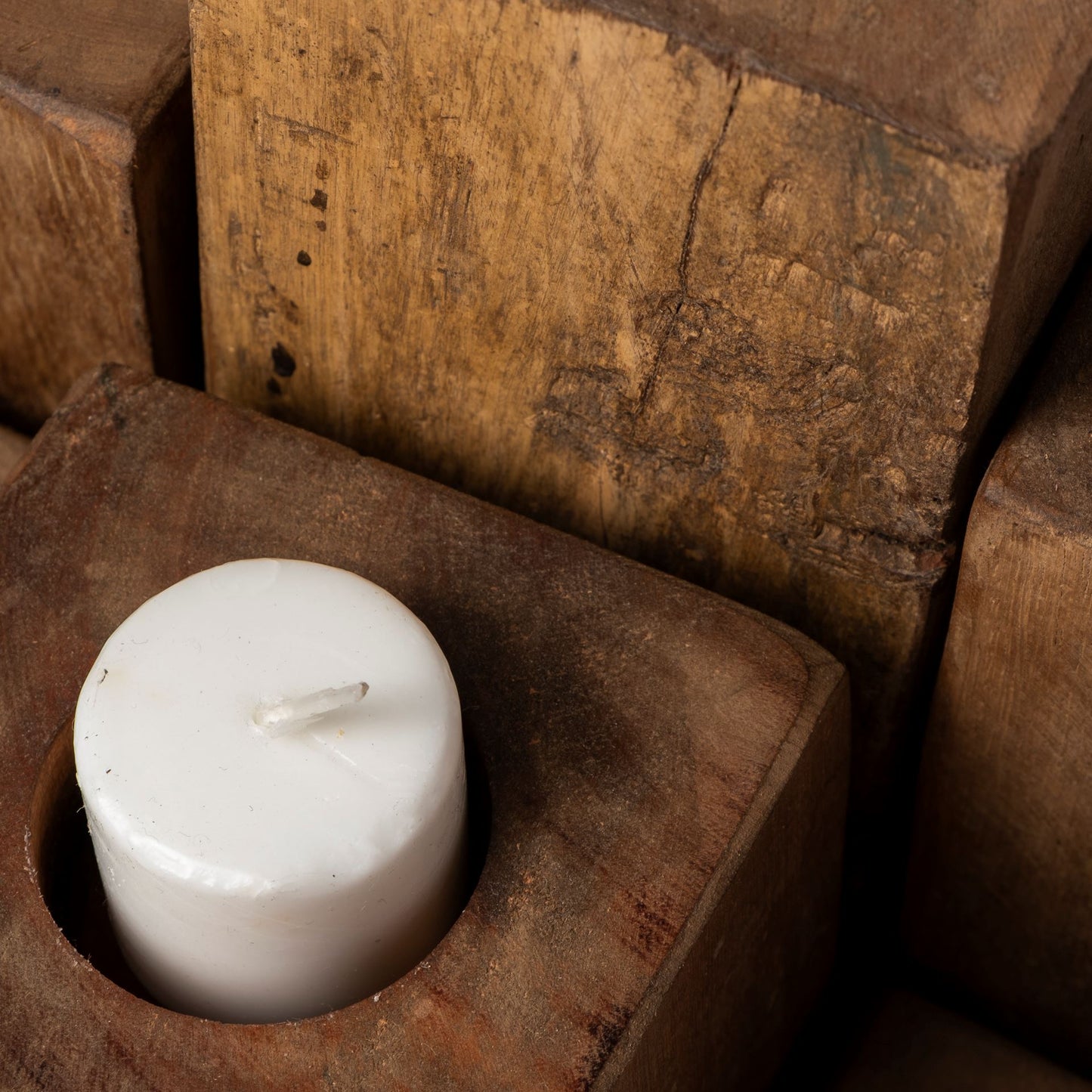Cassius Light Brown Nine Wood Block Table Candle Holder
