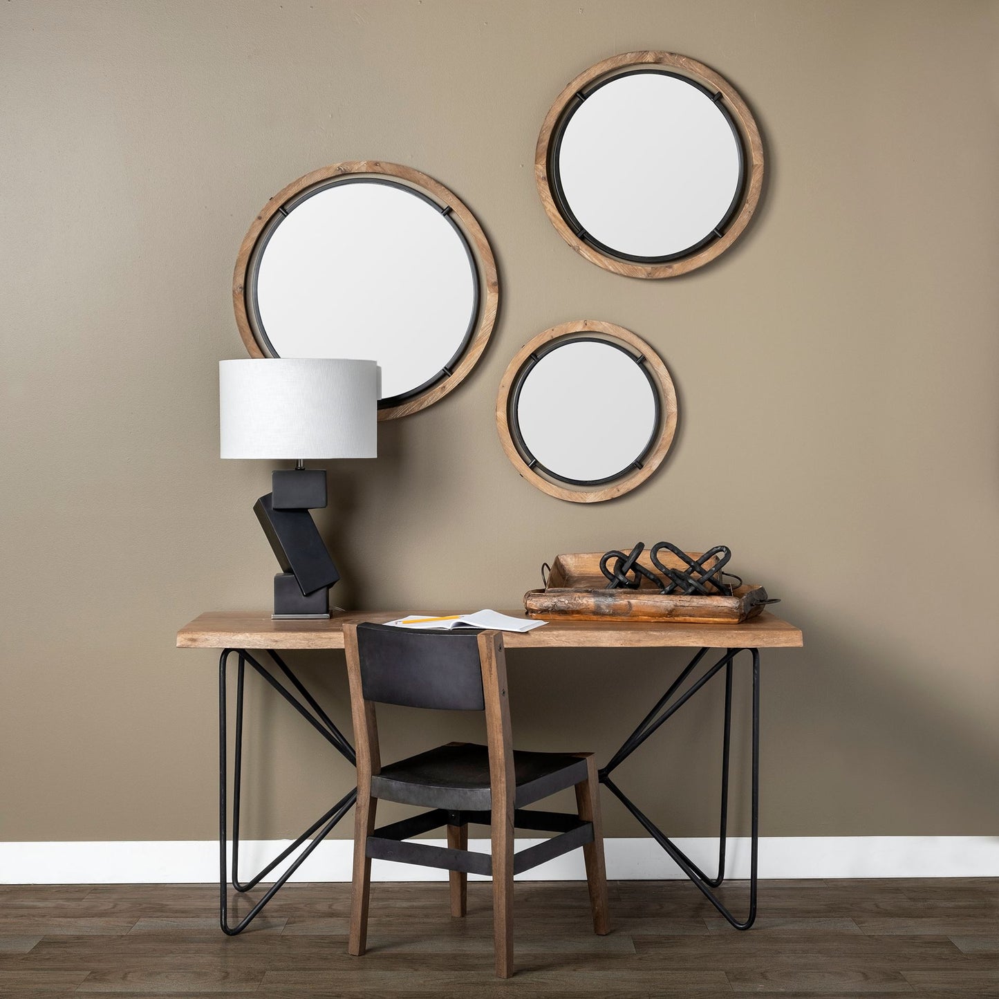 Josi Wall Mirror Brown Wood| Black Metal | 24’’ - wall-mirrors-grouped