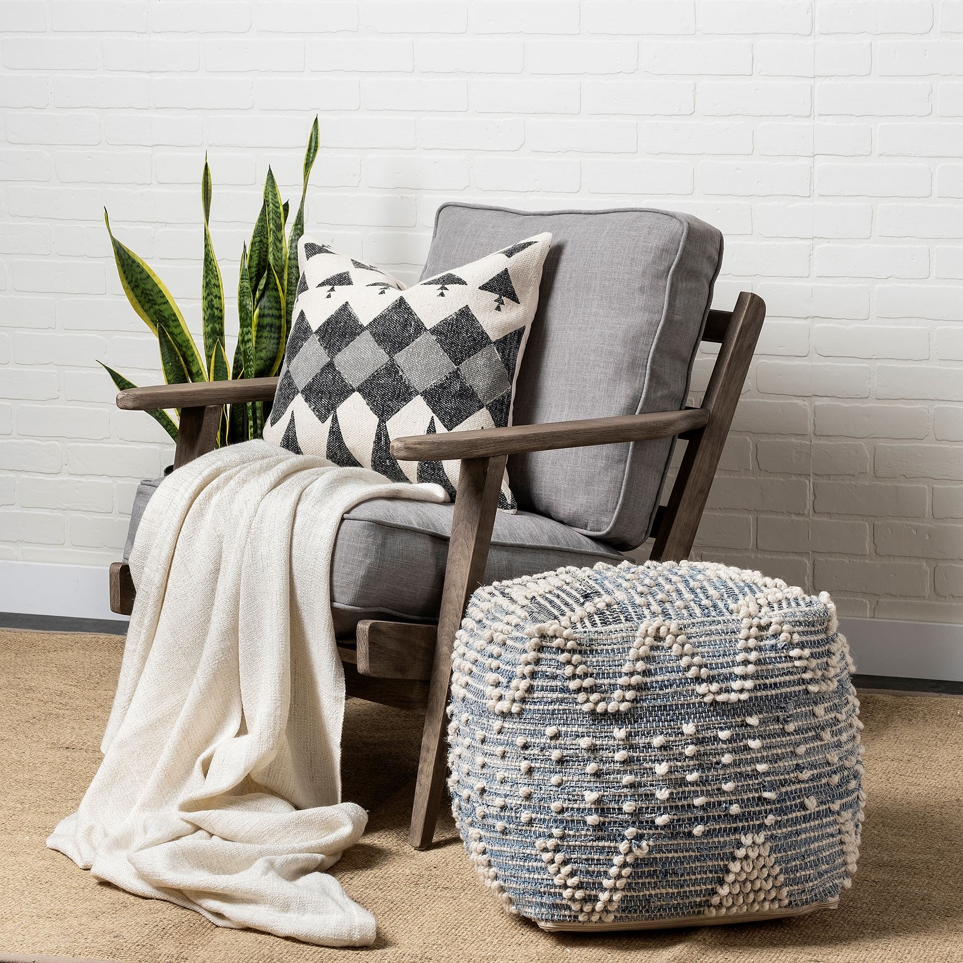 Rofi Pouf Blue Denim & Ivory Cotton - poufs