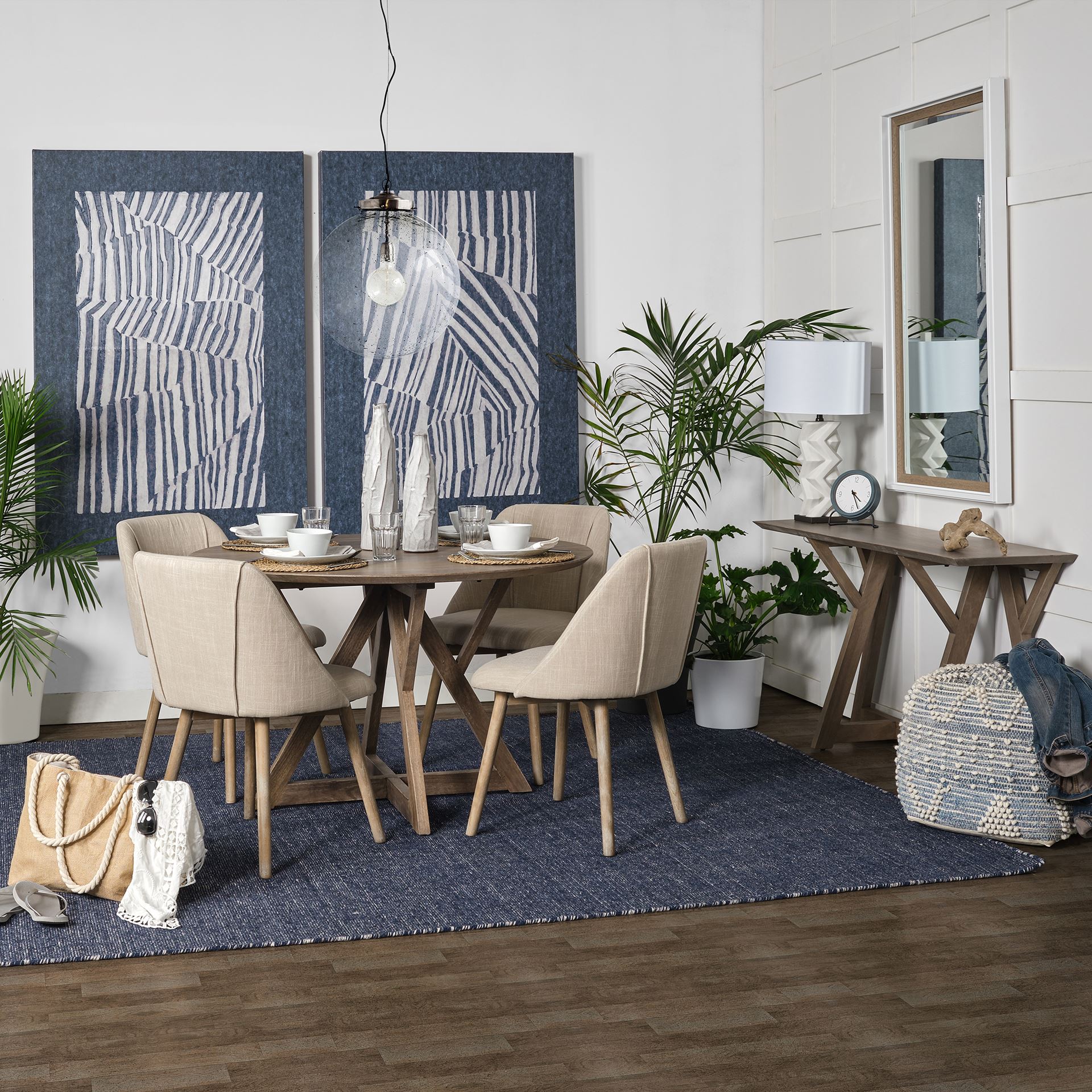 Rofi Pouf Blue Denim & Ivory Cotton - poufs