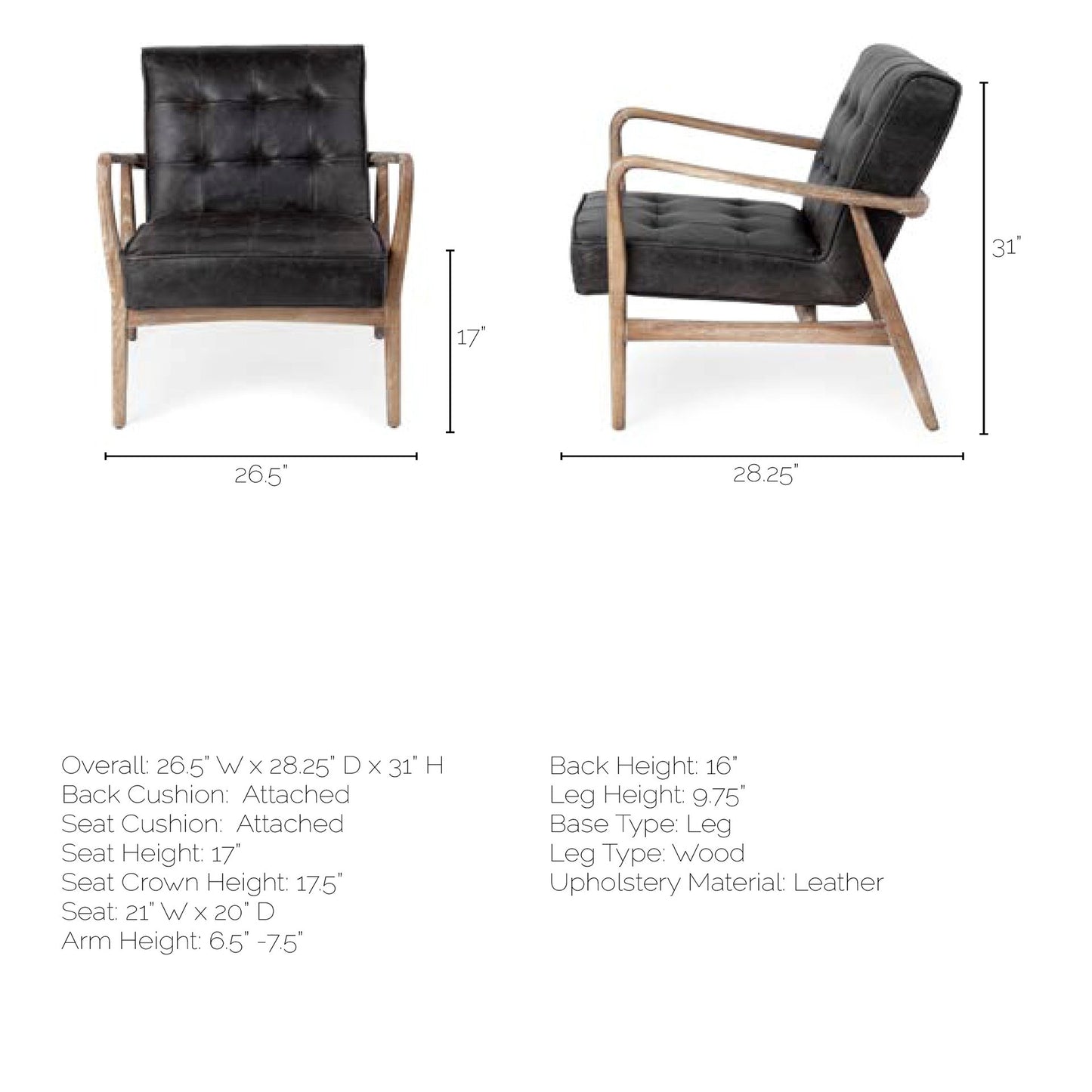 Phineas Leather Accent Chair Black Leather | Brown Wood - accent-chairs