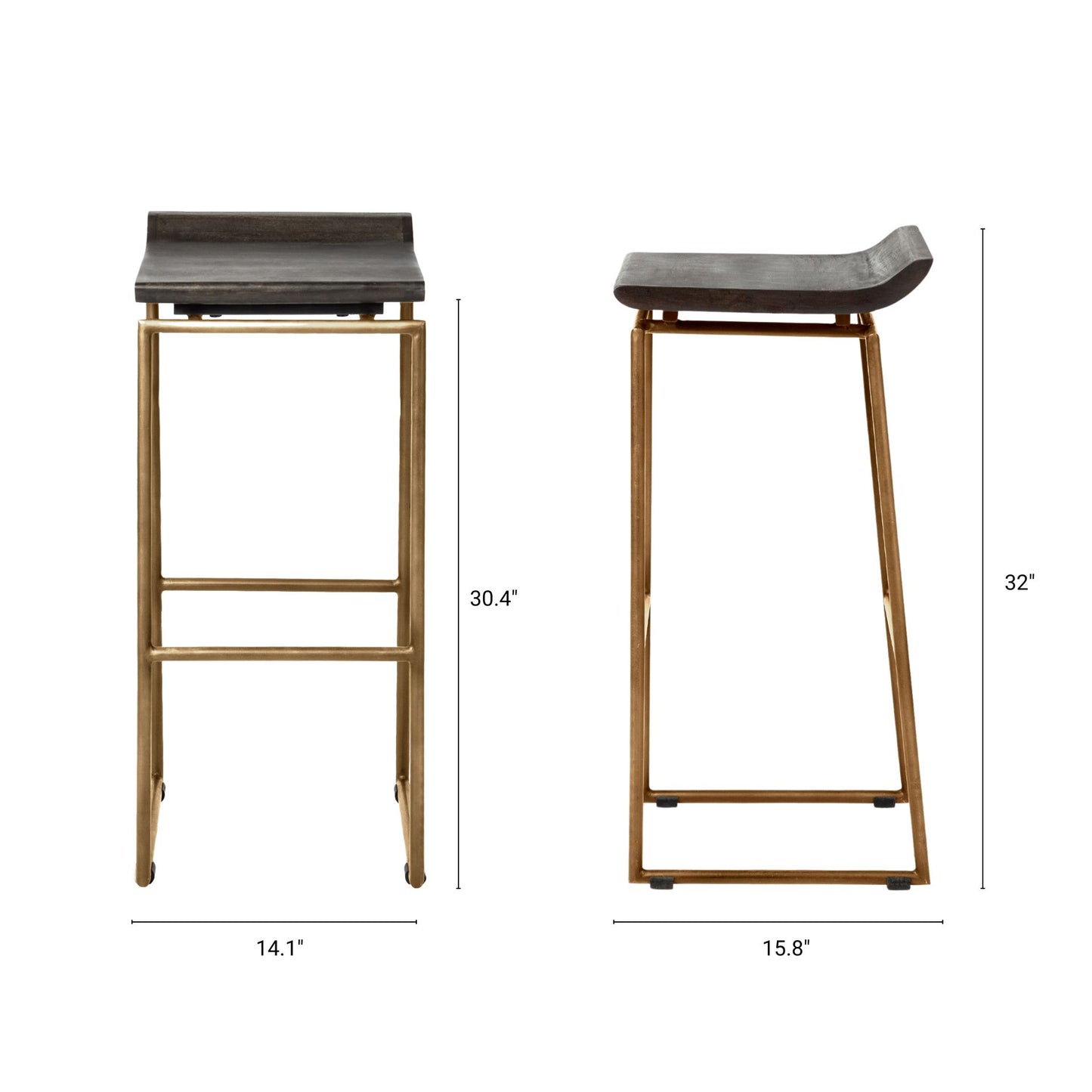 Givens Wood Seat Bar Counter Stool Brown Wood | Gold Metal | Bar - bar-stools