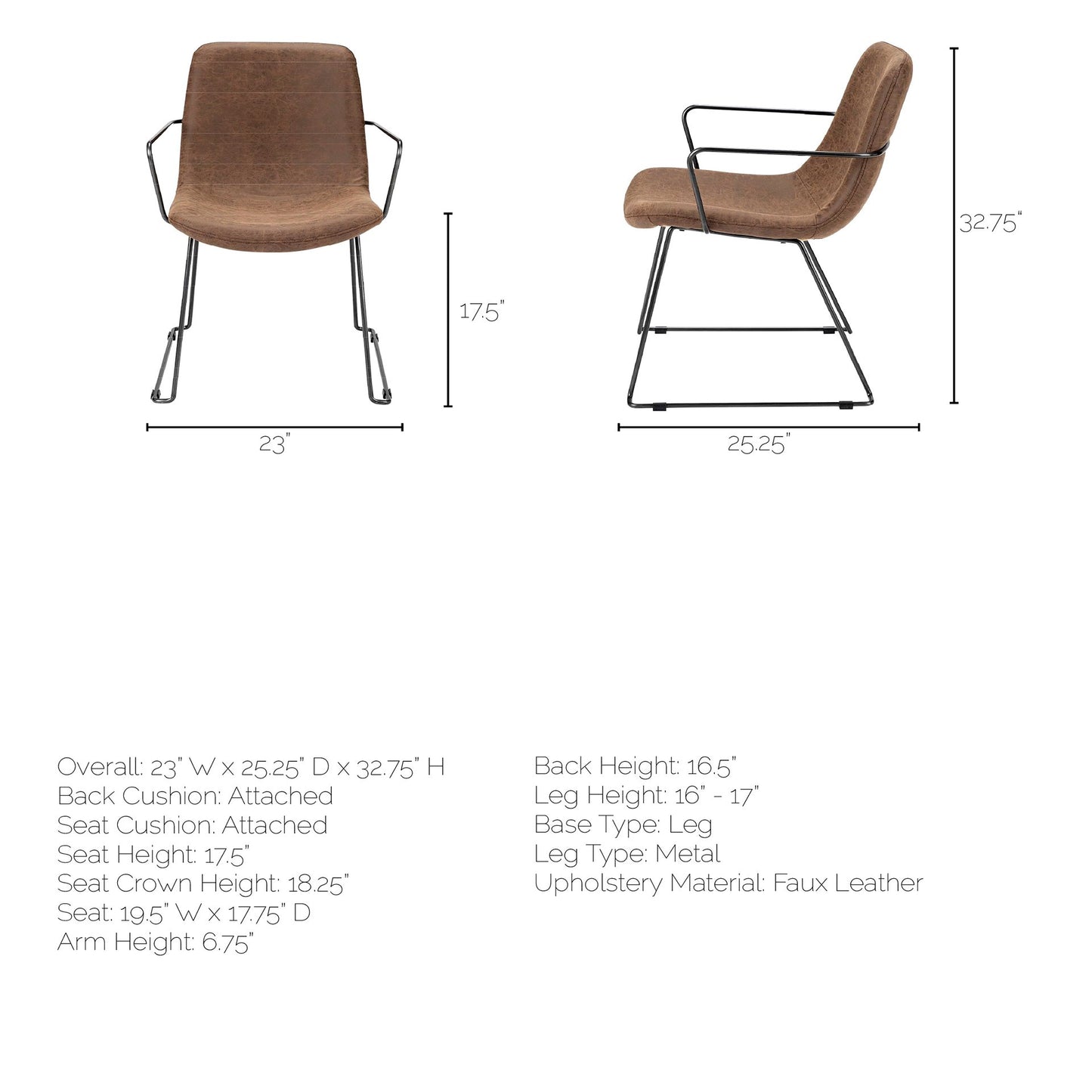 Sawyer Dining Chair Brown Faux Leather | Black Metal (Armchair) - dining-chairs