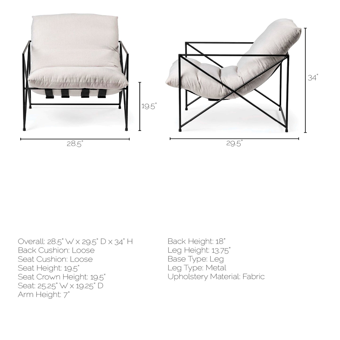 Leonidas Accent Chair Cream Fabric | Black Metal - accent-chairs