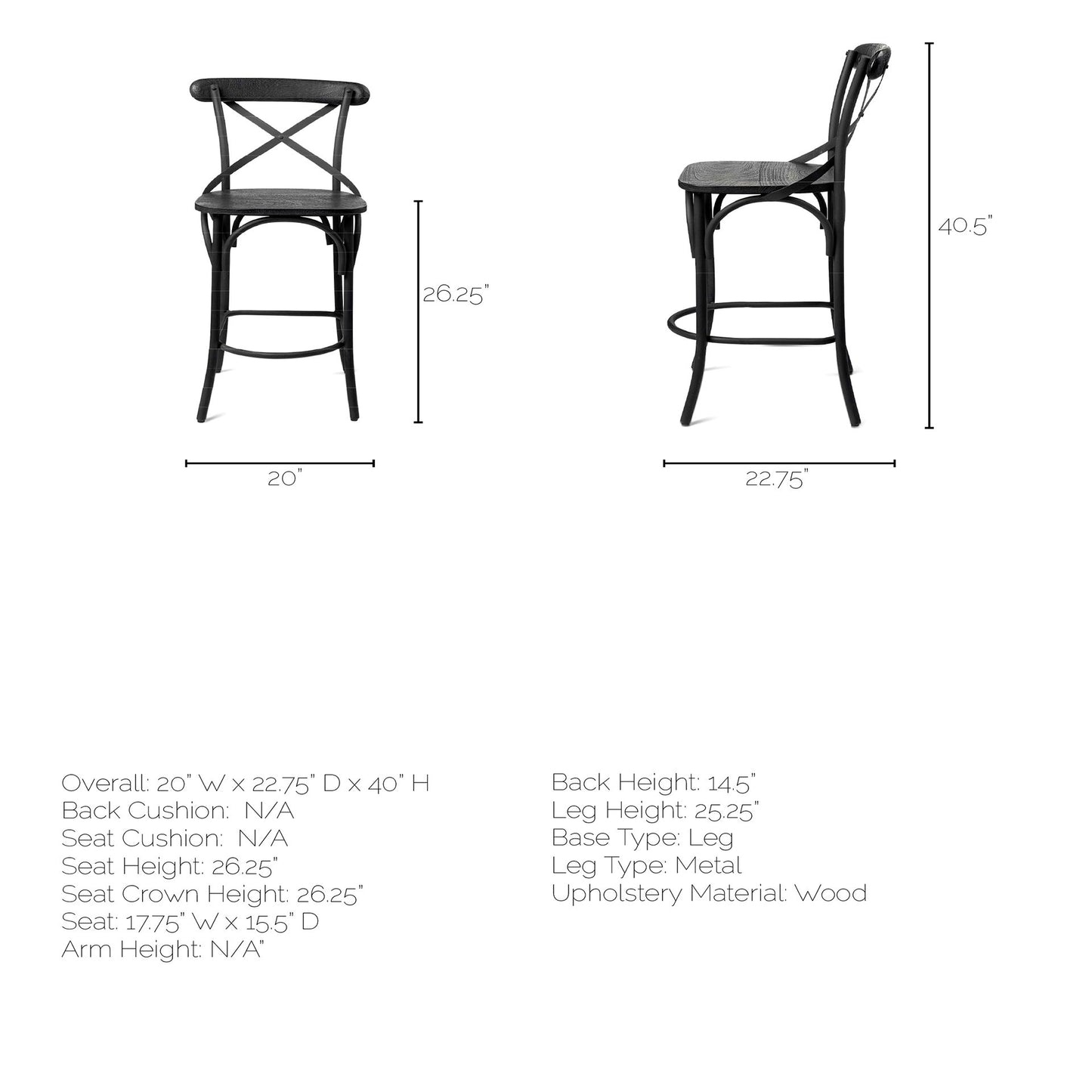 Etienne Bar Counter Stool Black Wood | Black Metal | Counter - bar-stools