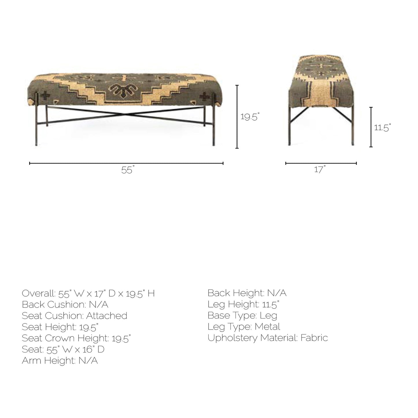 Avery Bench Multi Colored Fabric | Black Metal - benches