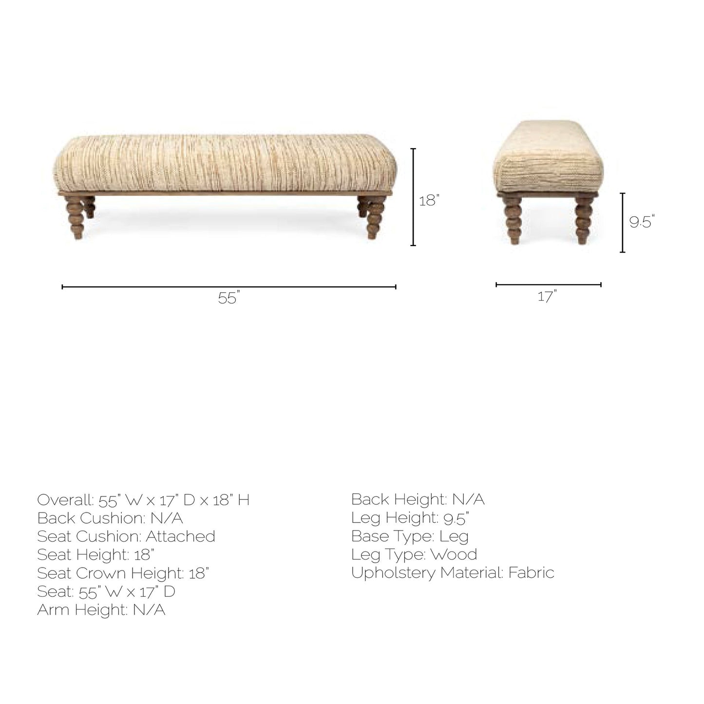 Alder Rectangle Bench Cream Fabric | Brown Wood - benches