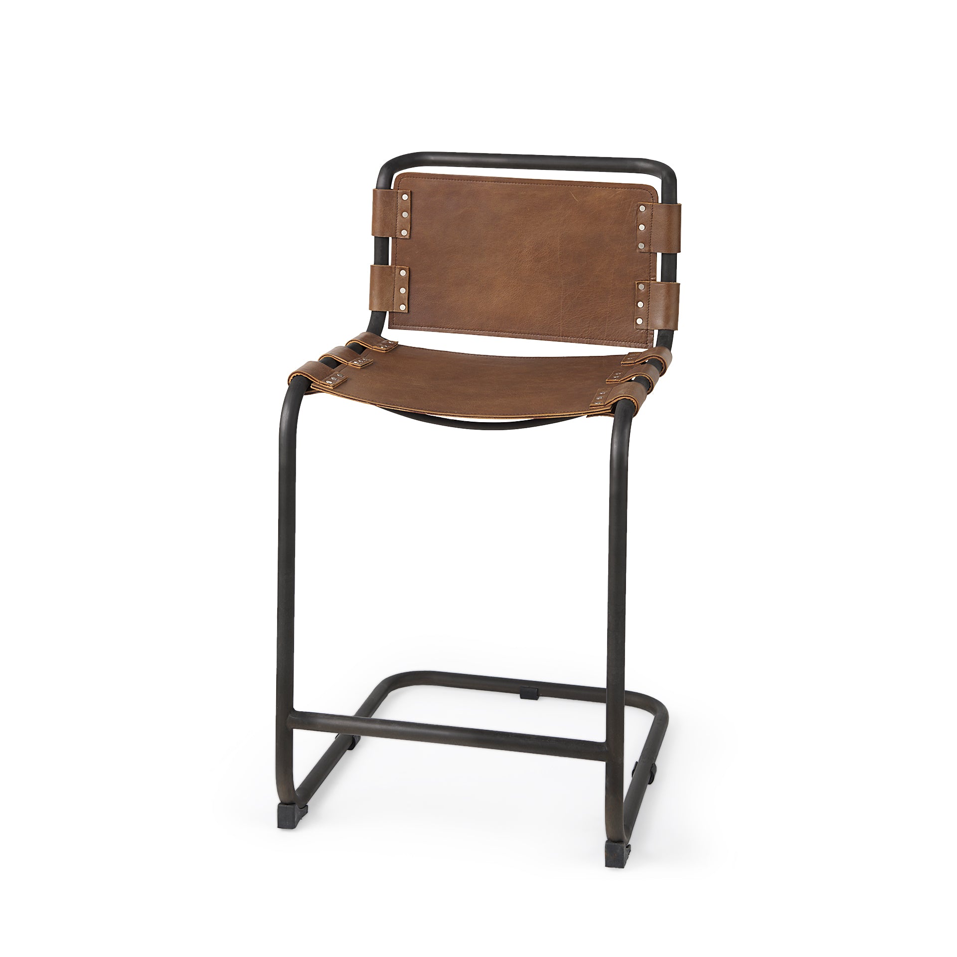 Berbick Leather Seat Bar Counter Stool Brown Leather | Gray Metal | Counter - bar-stools