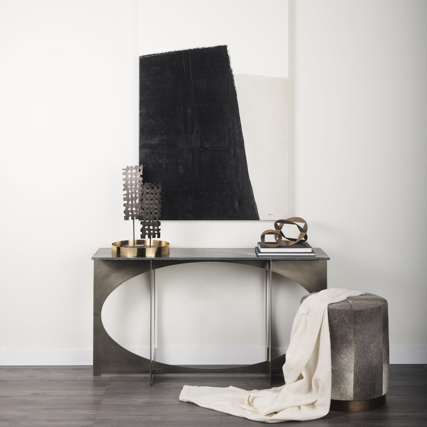 Zahavi Ottoman Gray Hair-On-Hide | Gold Metal | 20W - ottoman-and-poufs