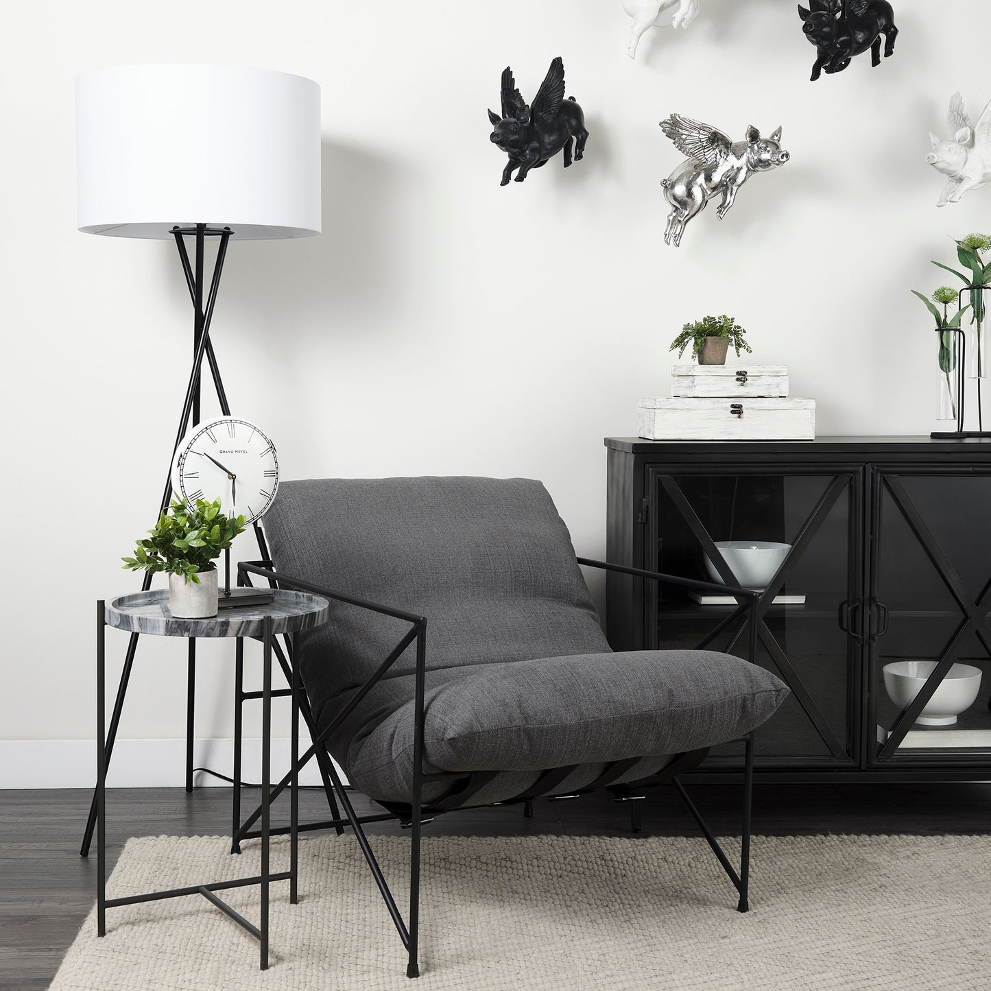 Leonidas Upholstered Accent Chair Gray Fabric | Black Metal - accent-chairs