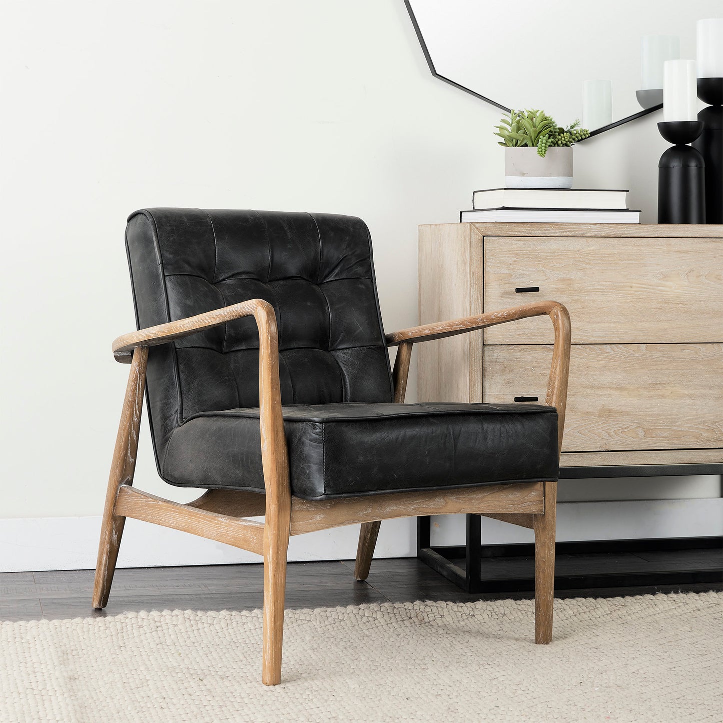 Phineas Leather Accent Chair Black Leather | Brown Wood - accent-chairs