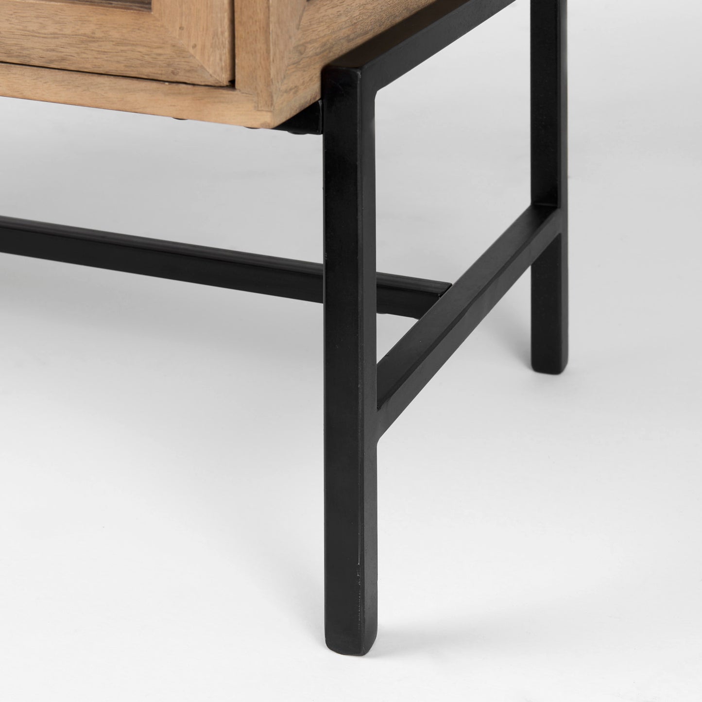 Arelius 36L x 18W x 32H Light Brown Wood, Black Metal Base w/ 2 Glass Doors Accent Cabinet