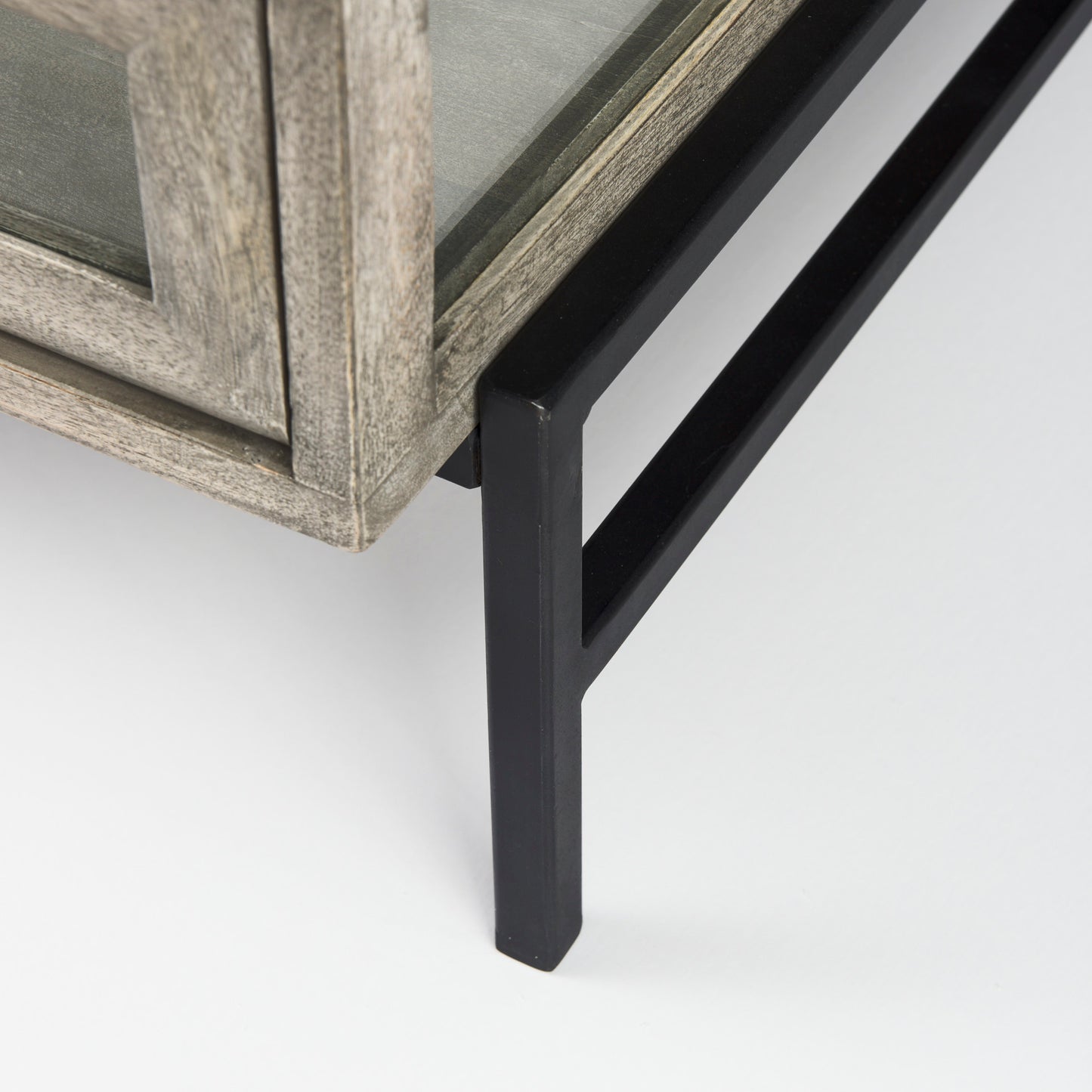 Arelius 42" Square Glass-Top Gray Wood w/ Black Metal Base Display Coffee Table