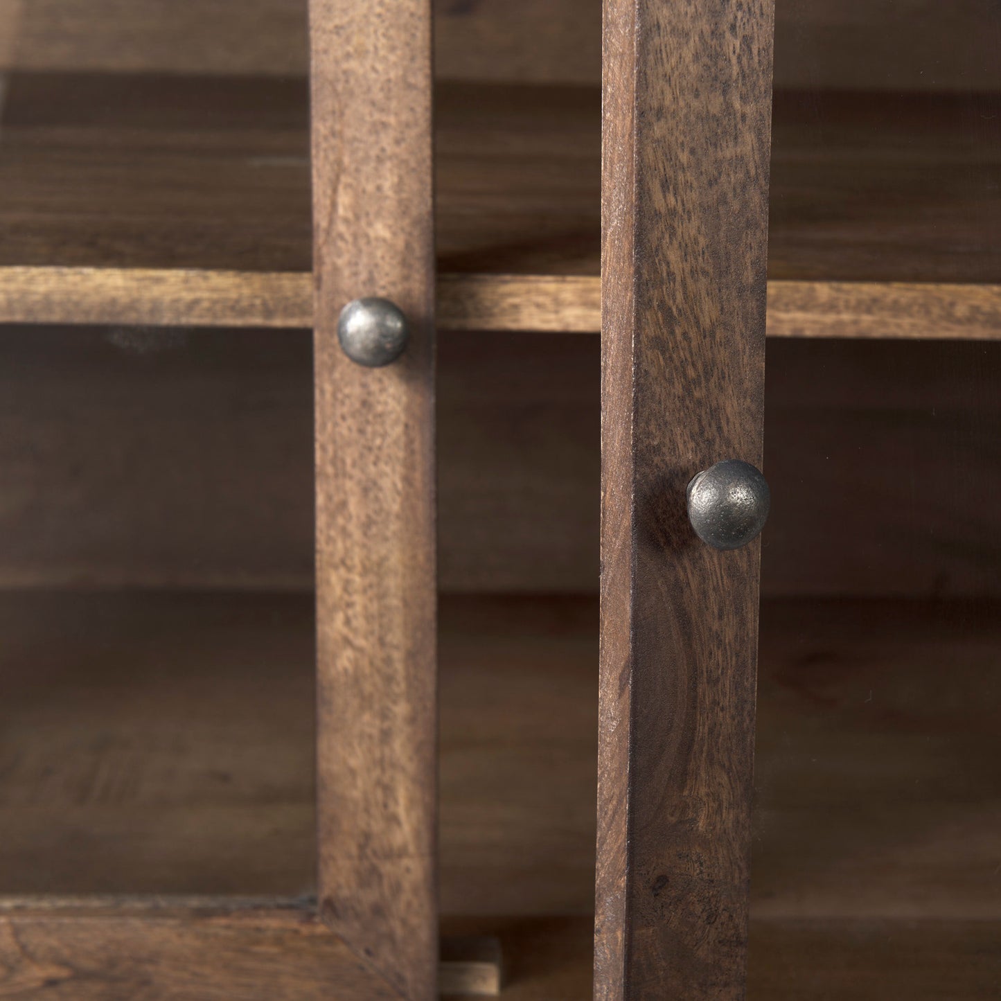 Arelius 70L x 18.75W x 32H Medium Brown, Black Metal Base w/ 4 Glass Door Cabinets Sideboard