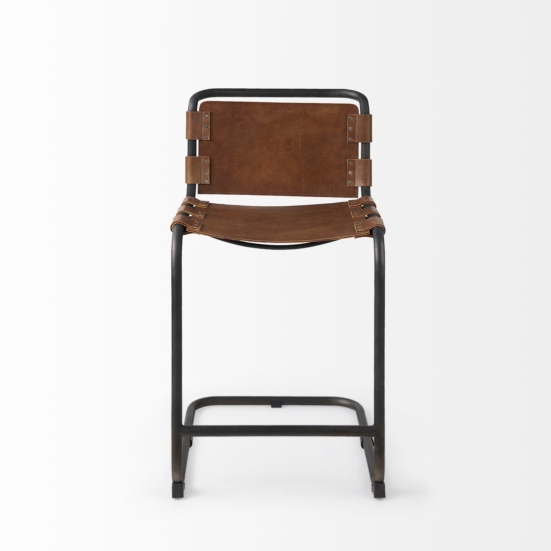 Berbick Leather Seat Bar Counter Stool Brown Leather | Gray Metal | Counter - bar-stools