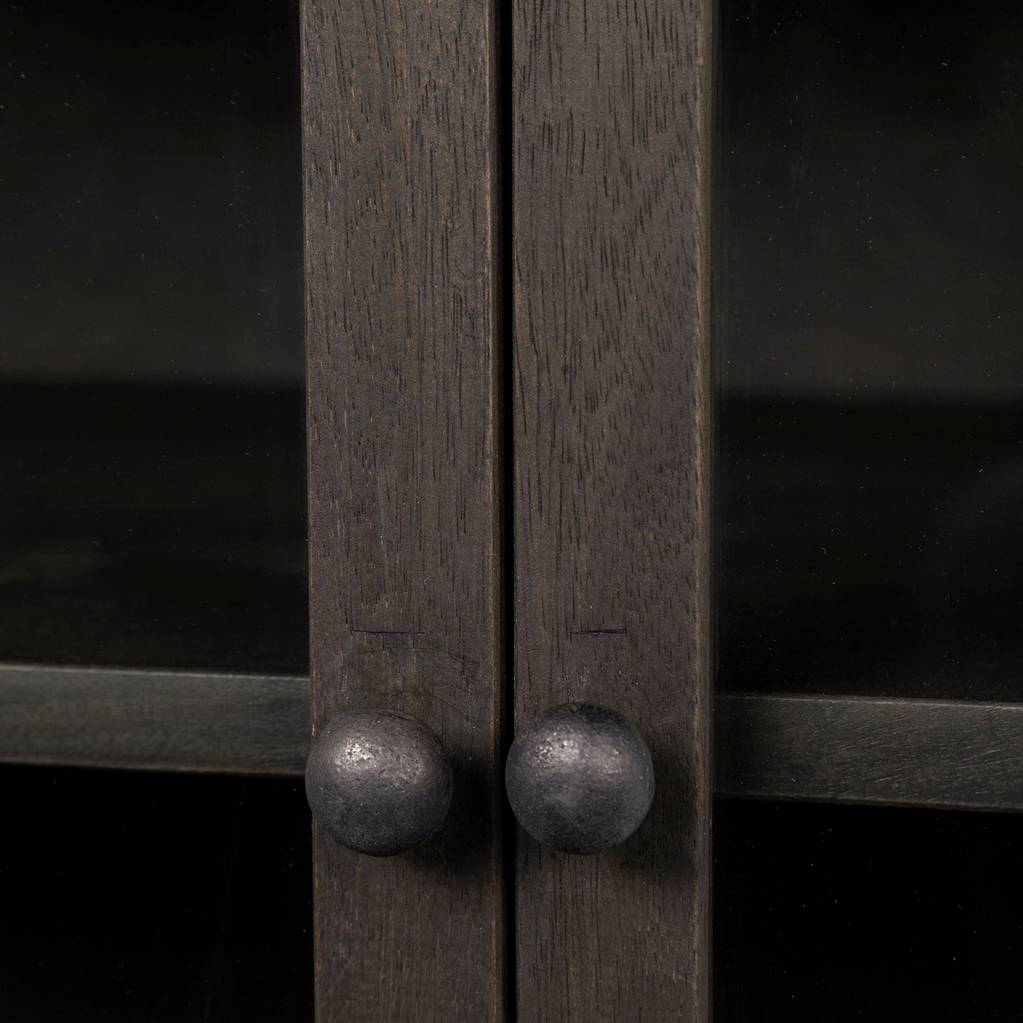 Arelius 36L x 18W Black-Brown Wood, Black Metal Base w/ 2 Glass Doors Accent Cabinet