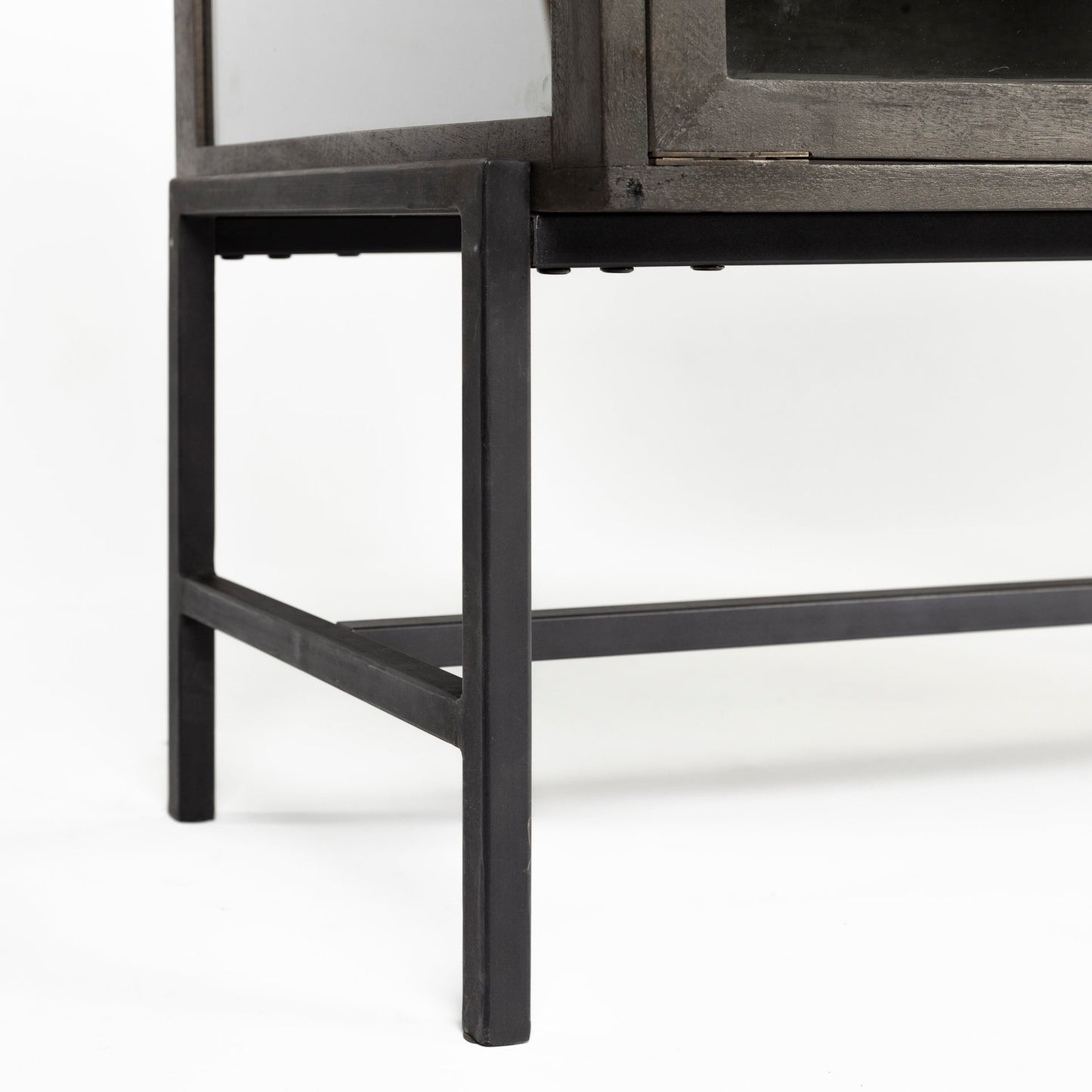 Arelius 36L x 18W Black-Brown Wood, Black Metal Base w/ 2 Glass Doors Accent Cabinet