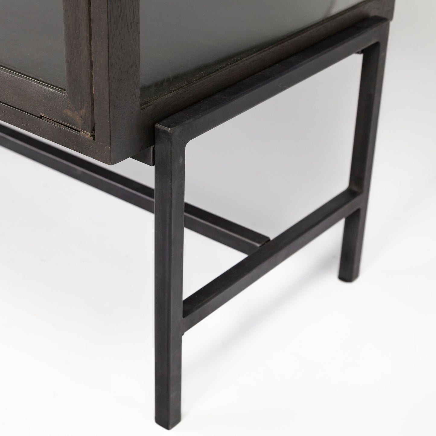 Arelius 70L x 18.75W x 32H Black-Brown Wood, Black Metal Base w/ 4 Glass Cabinet Doors Sideboard