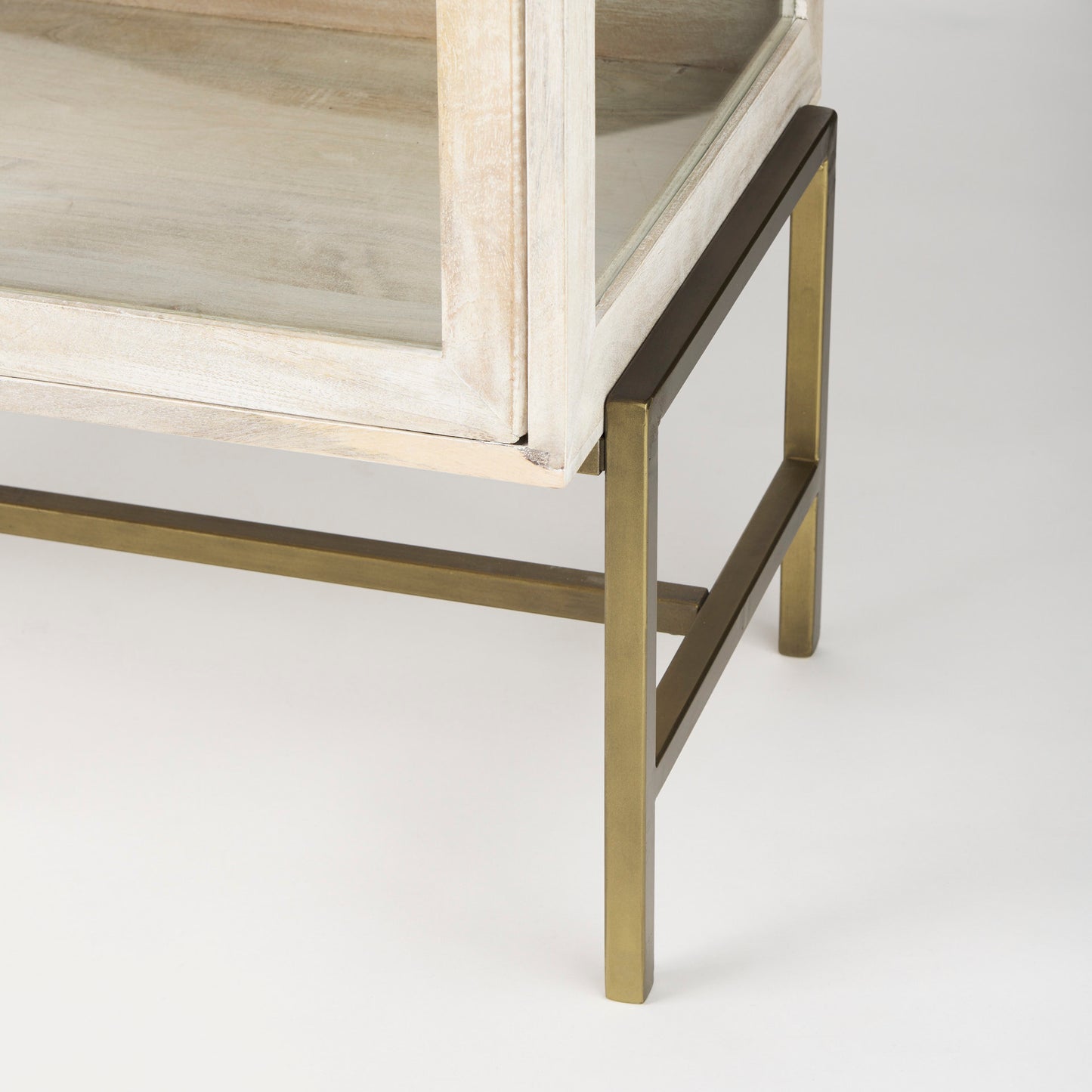 Arelius 36L x 18W x 32H White Wood, Gold Metal Base w/ 2 Glass Doors Accent Cabinet