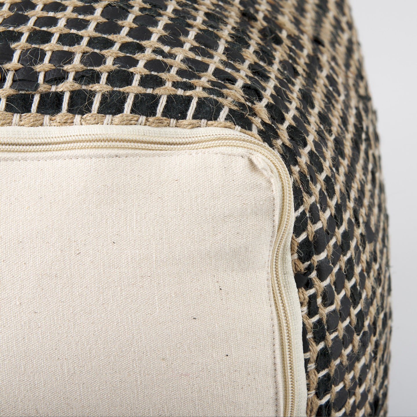 Aalia 16.0L x 16.0W x 16.0H Charcoal Leather and Jute Pouf