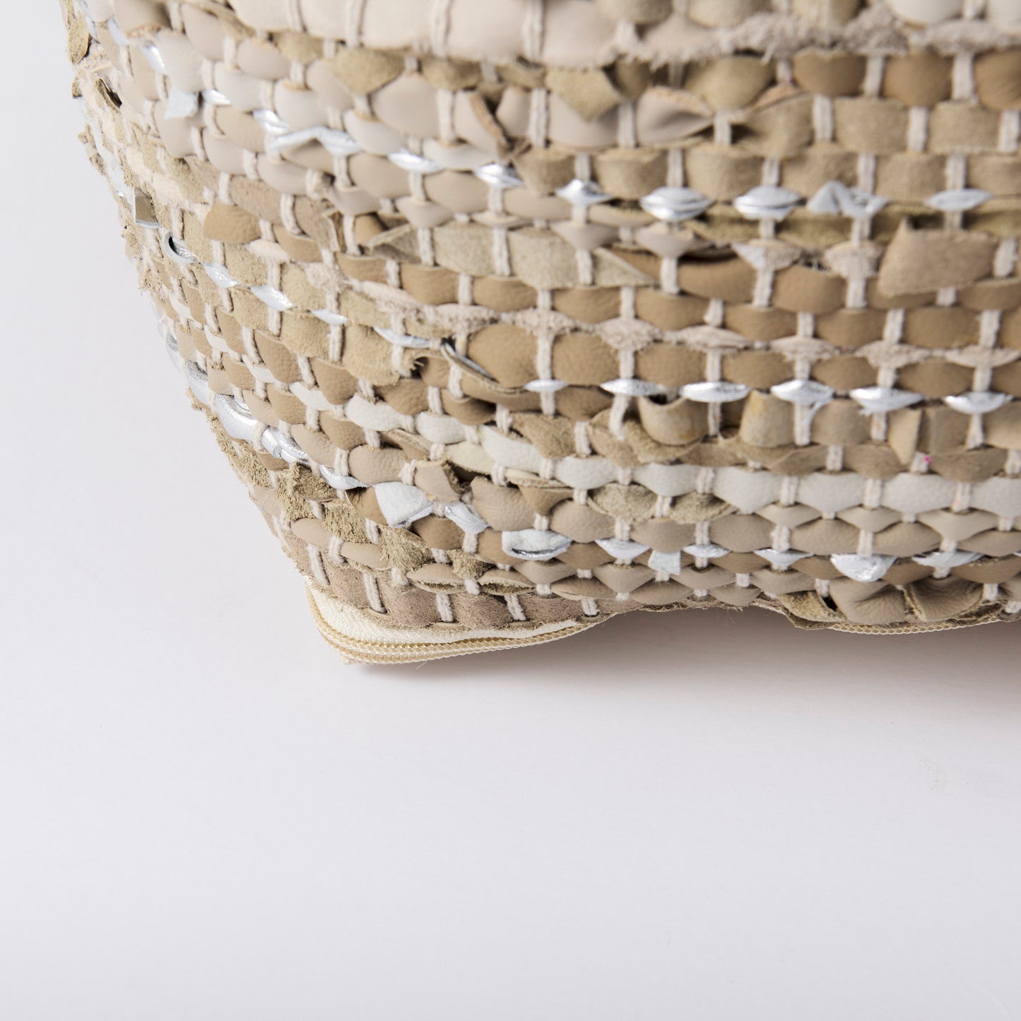 Aadhya 16.0L x 16.0W x 16.0H Taupe/Silver Leather and Cotton Pouf