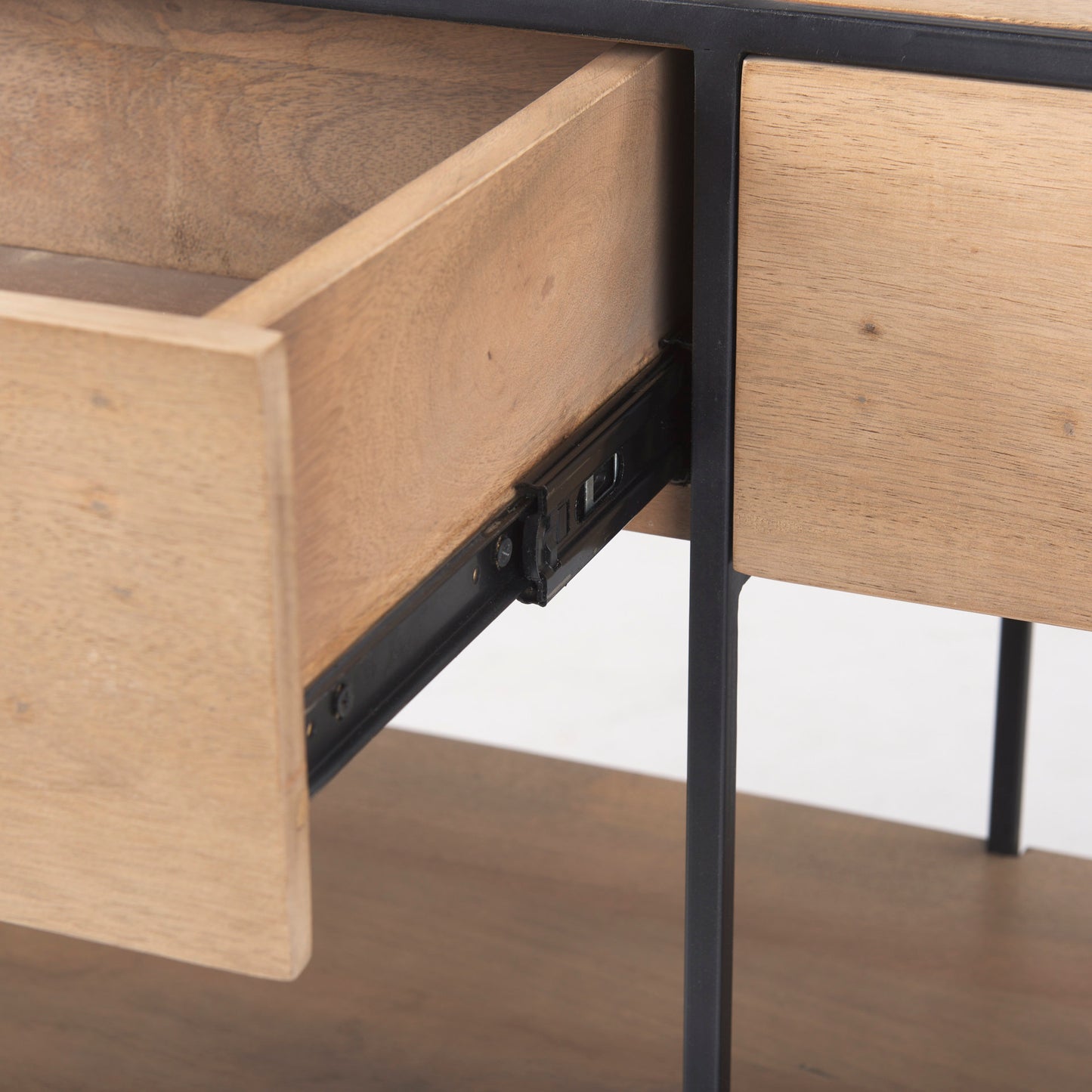 Morris 63.0L x 15.0W x 31.0H Beige Wood w/ Black Metal Frame 2 Drawer Console Table