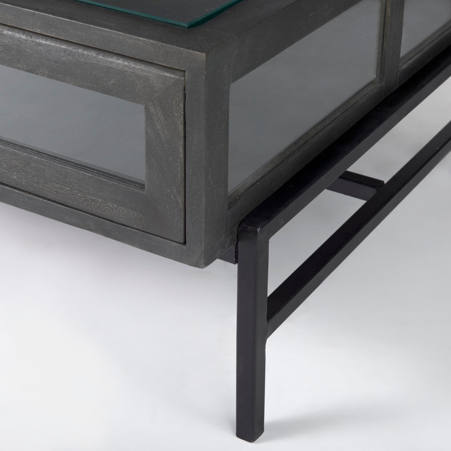 Arelius 49.5"L Rectangular Glass-Top Black-Brown Wood w/ Black Metal Base Display Coffee Table