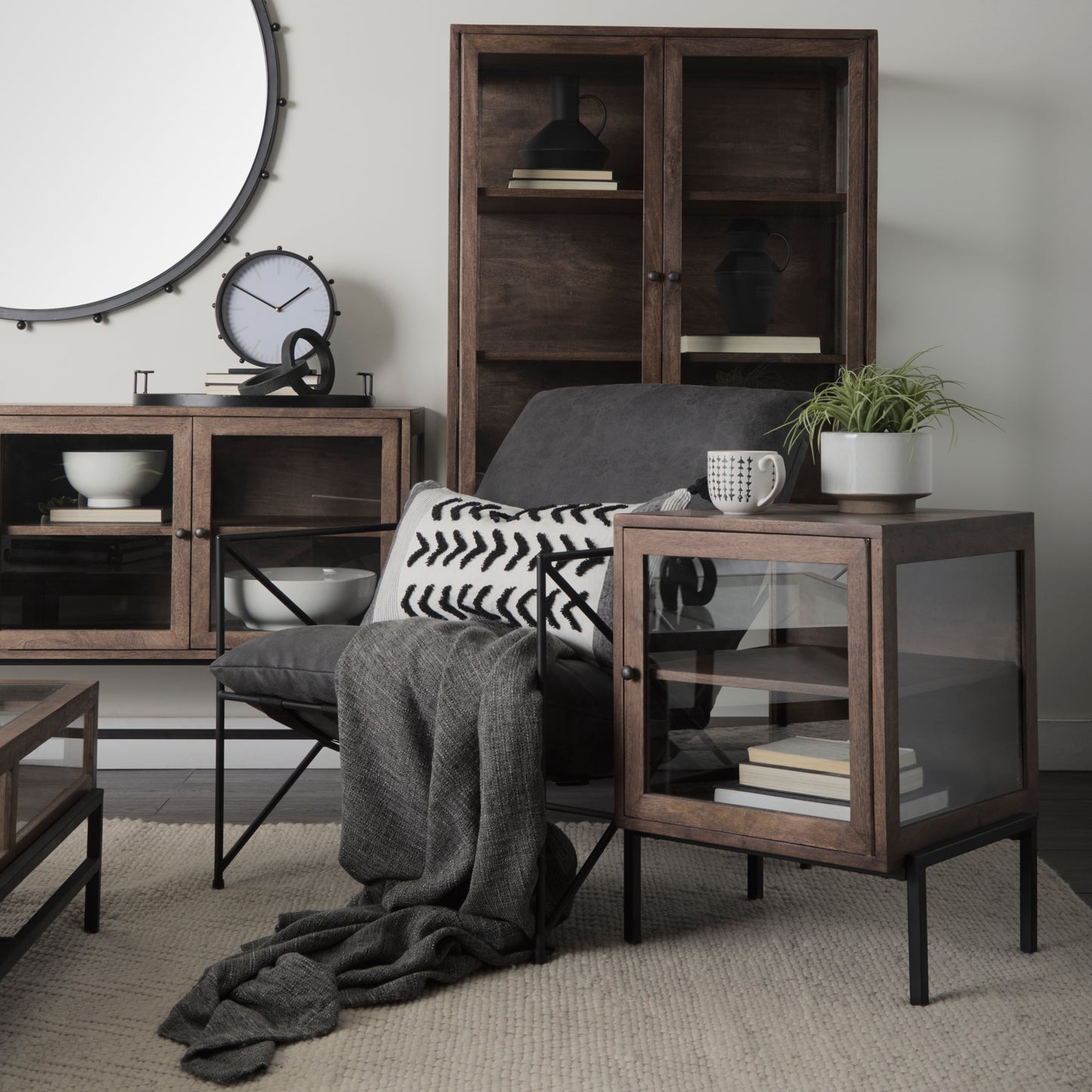 Arelius Cabinet Medium Brown Wood | Black Metal - cabinets