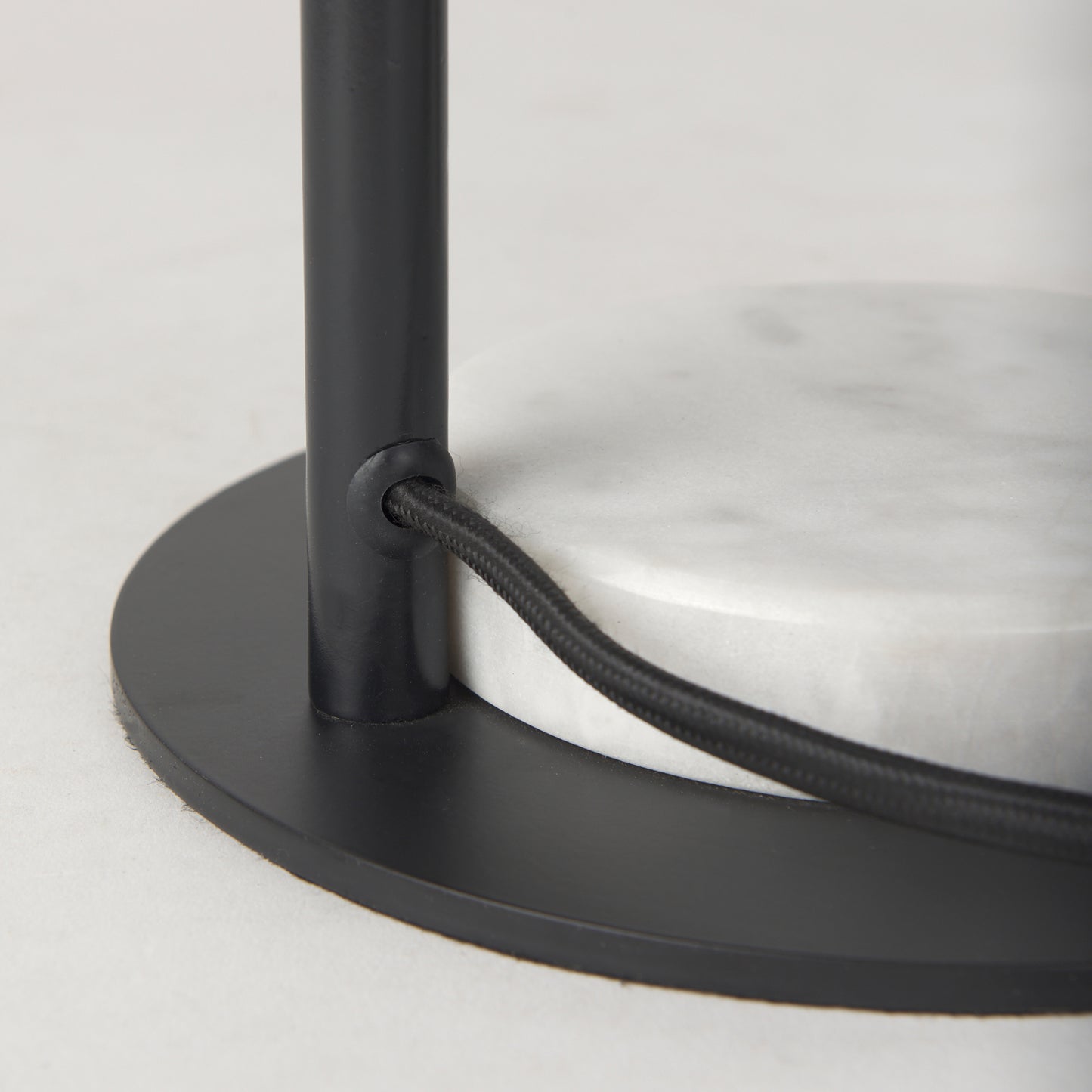 Sarah 15.0L x 10.0W x 22.2H Arched Black Metal W/Marble Cube and White Shade Table Lamp