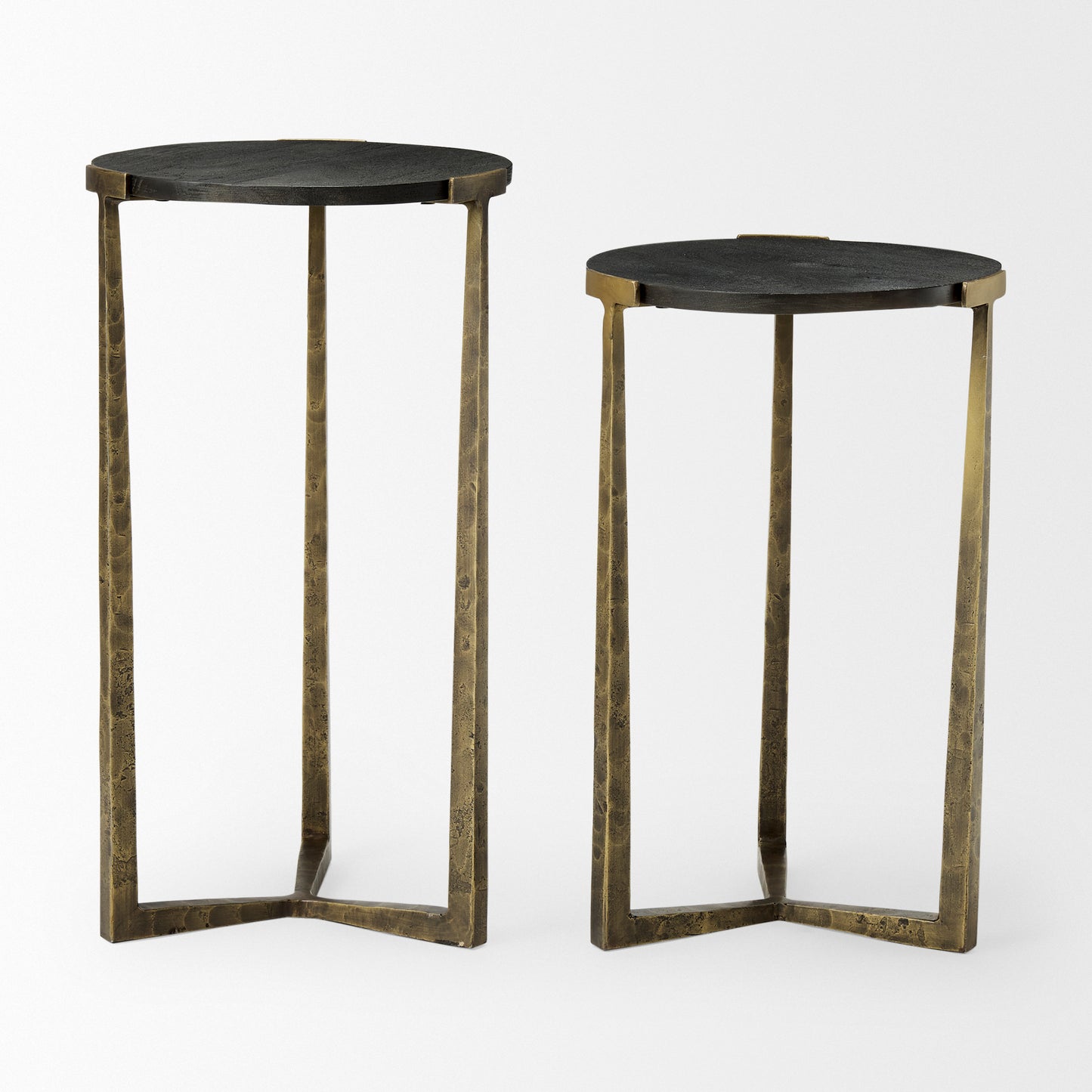 Atticus Accent Table Black Wood | Antiqued Gold Hammered Metal | Set of 2 Nesting - accent-tables