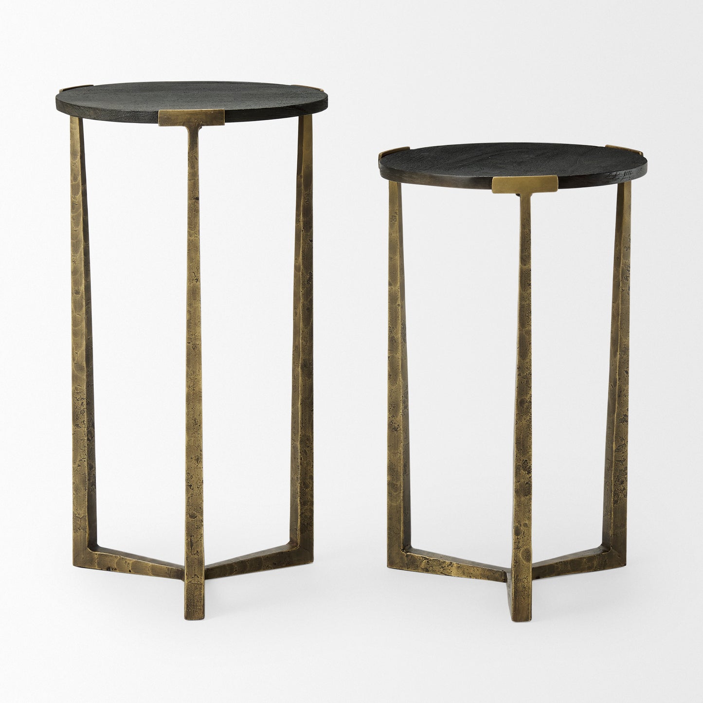 Atticus Accent Table Black Wood | Antiqued Gold Hammered Metal | Set of 2 Nesting - accent-tables