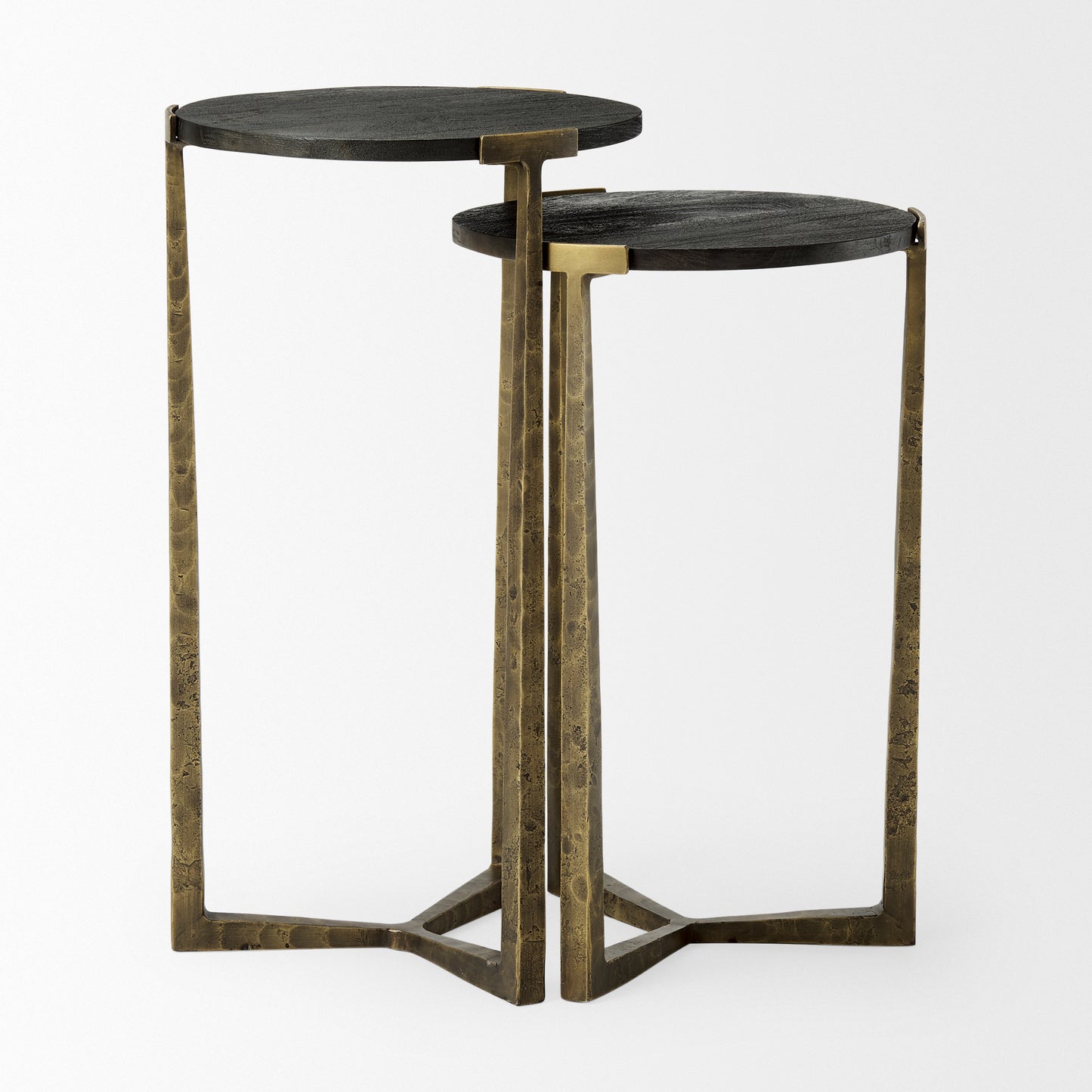 Atticus Accent Table Black Wood | Antiqued Gold Hammered Metal | Set of 2 Nesting - accent-tables