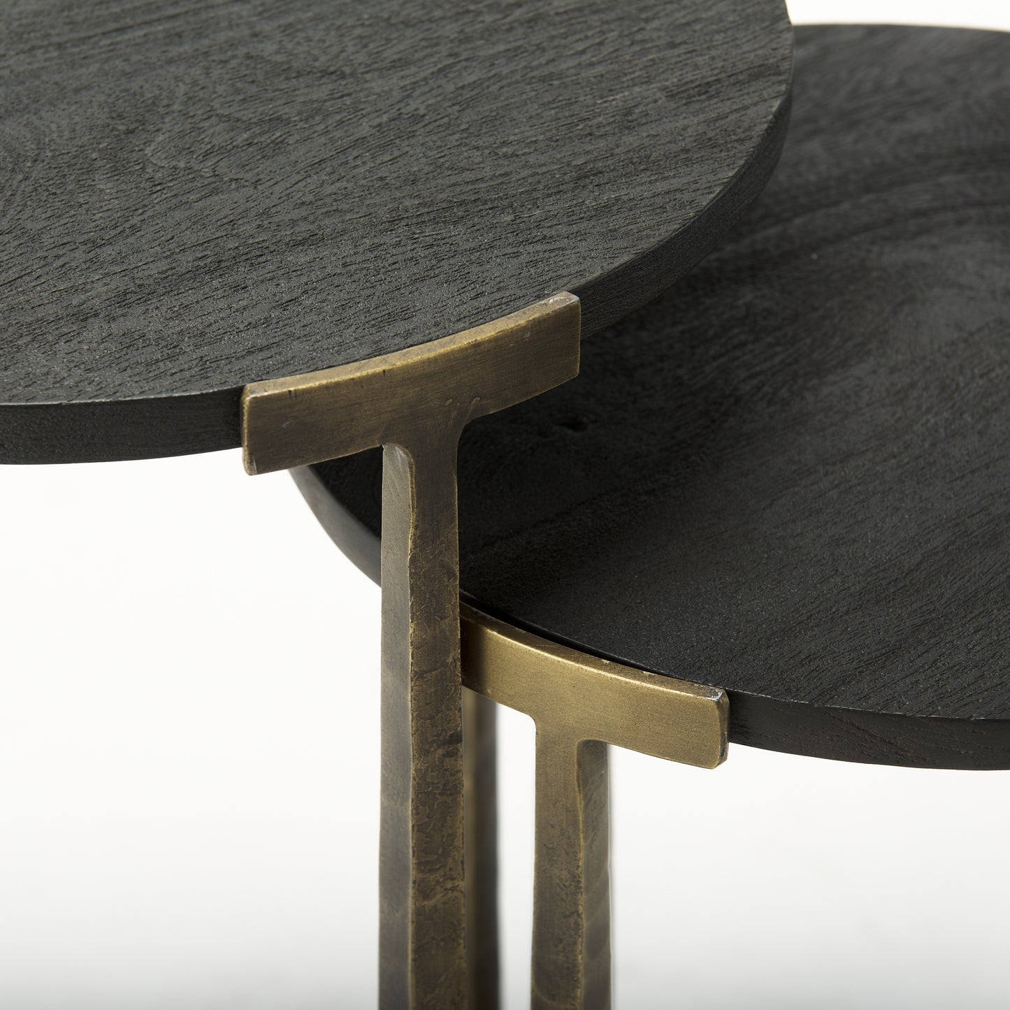 Atticus Accent Table Black Wood | Antiqued Gold Hammered Metal | Set of 2 Nesting - accent-tables