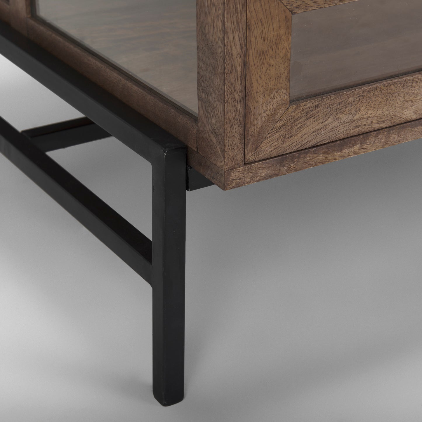 Arelius 49.5"L Rectangular Glass-Top Medium Brown Wood w/ Black Metal Base Display Coffee Table