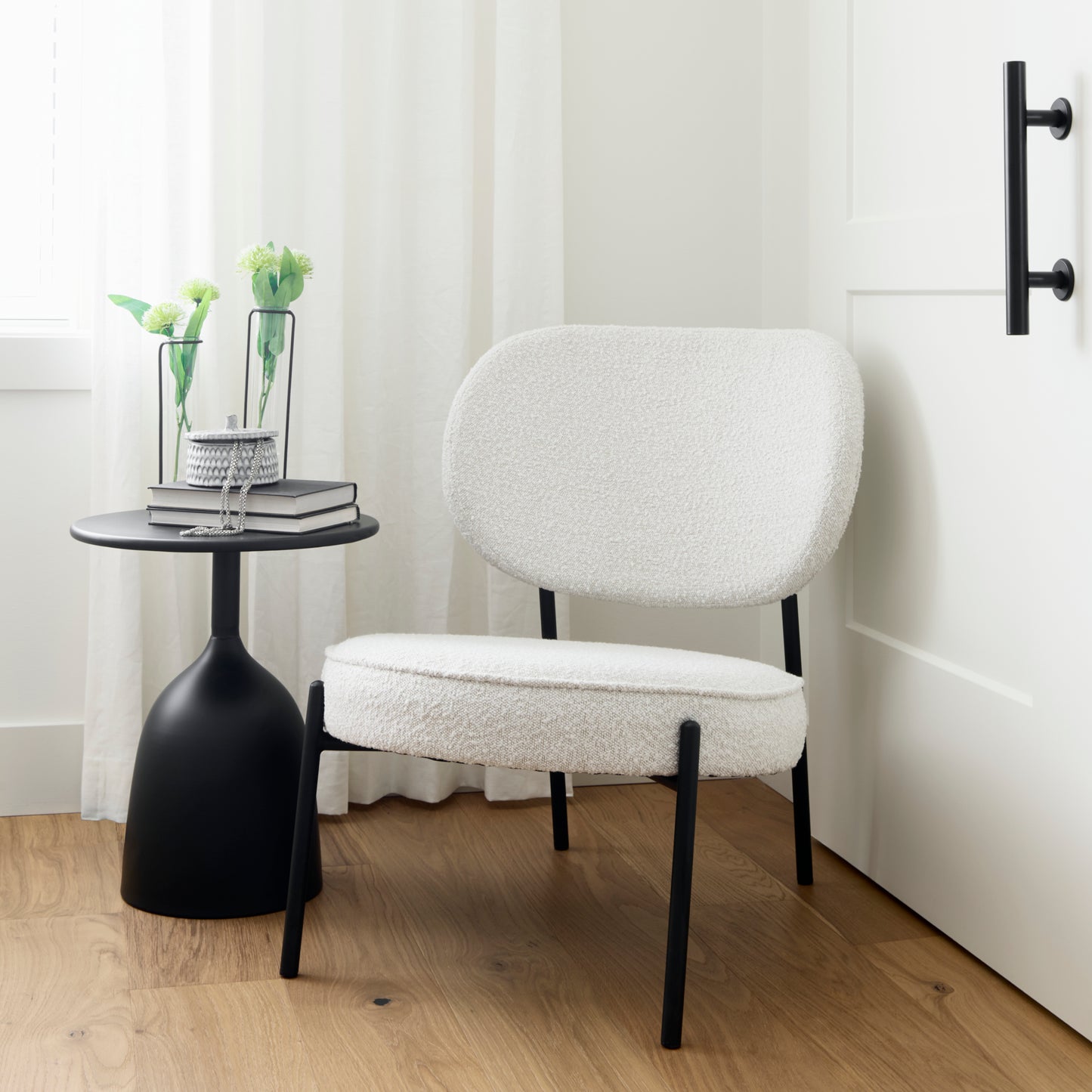 Amelia Accent Chair Cream Bouclé Fabric | Black Metal - accent-chairs