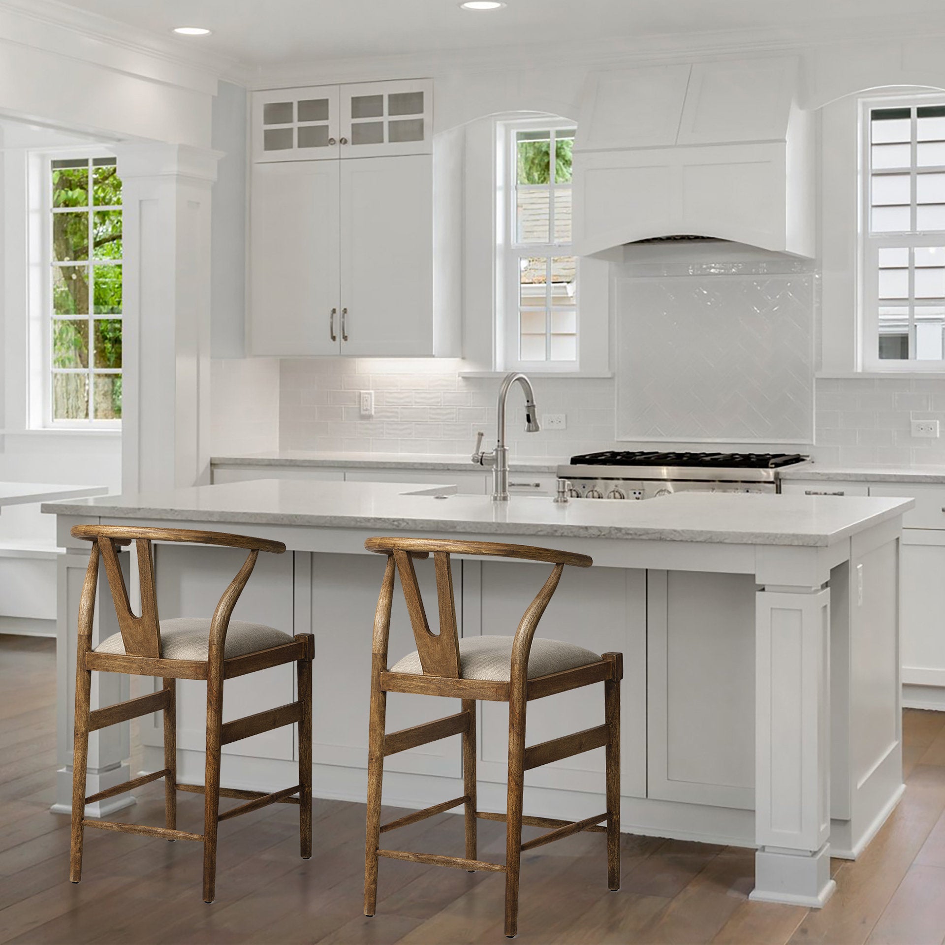 Trixie Upholstered Seat Bar Counter Stool Cream Fabric | Brown Wood - bar-stools