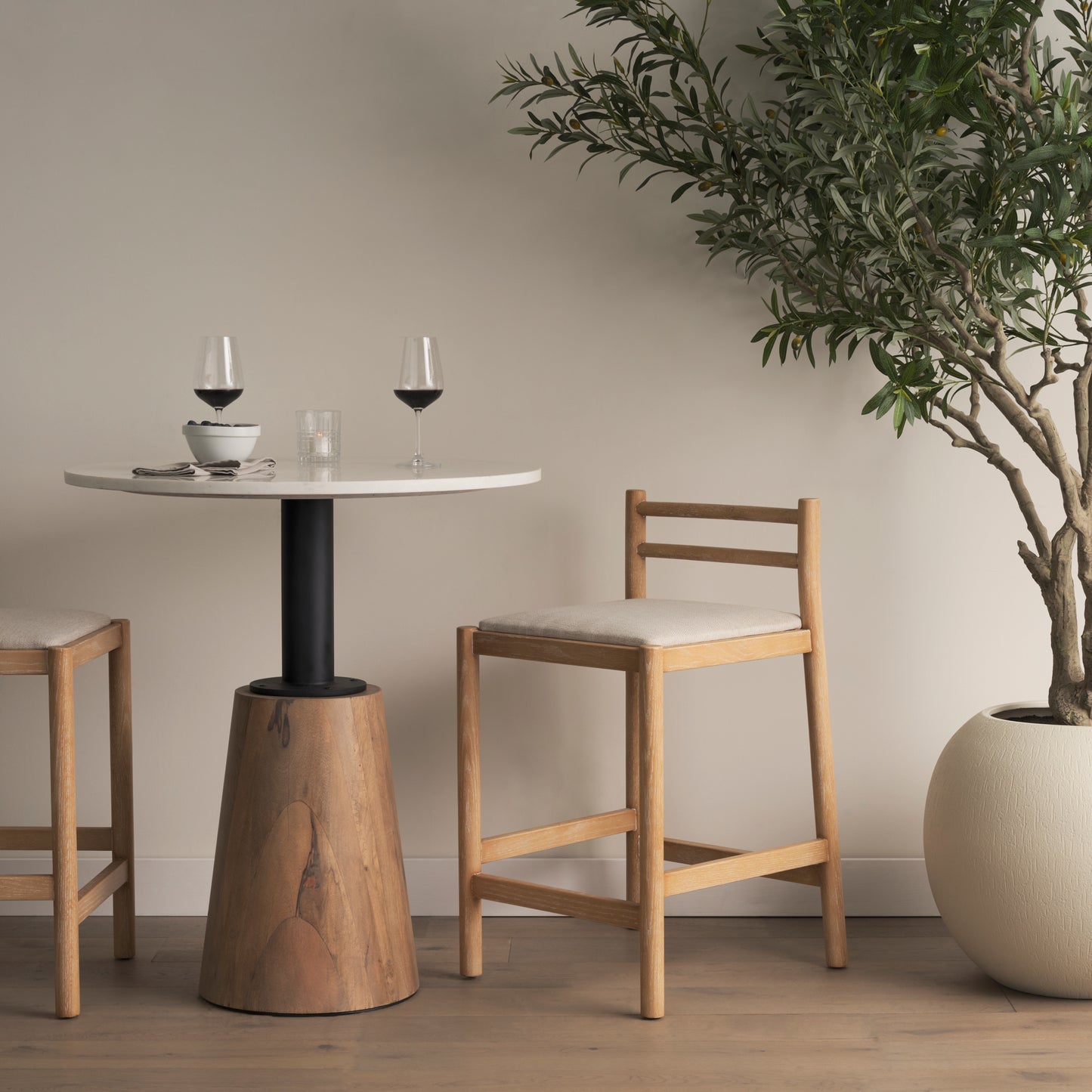 Sam Counter Stool Light Brown Wood | Beige Fabric - bar-stools