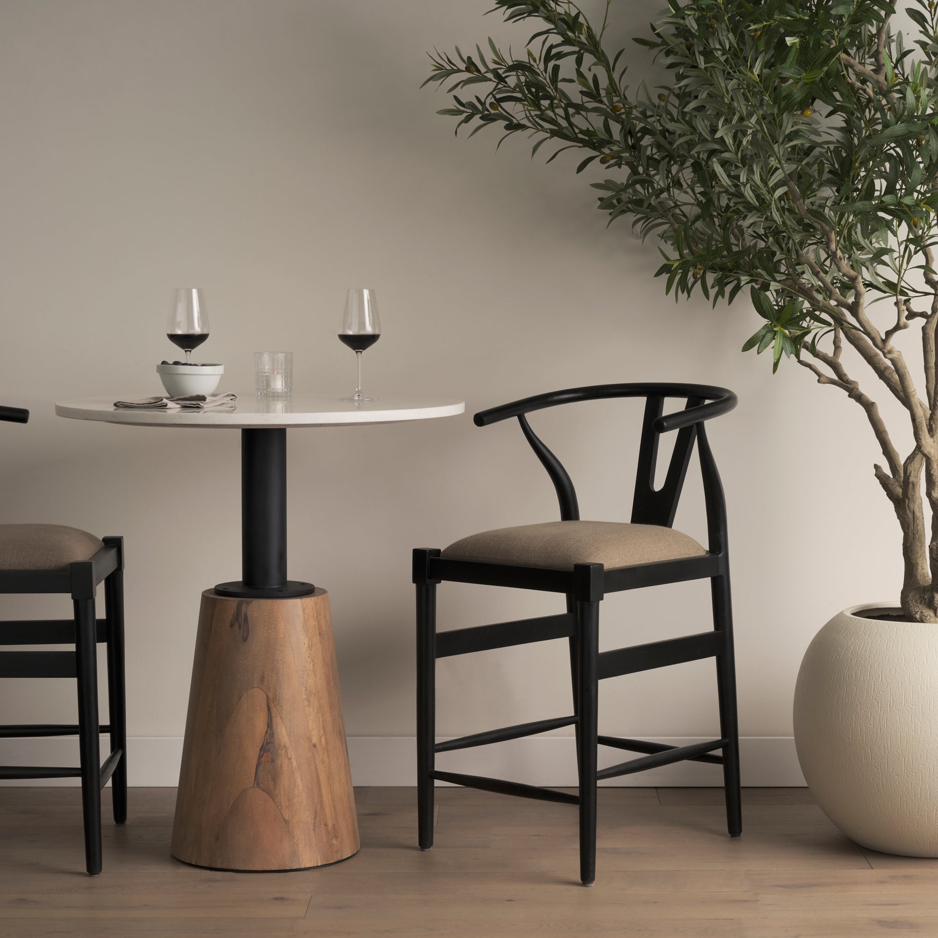 Trixie Upholstered Seat Bar Counter Stool Beige Fabric | Black Wood | Counter - bar-stools