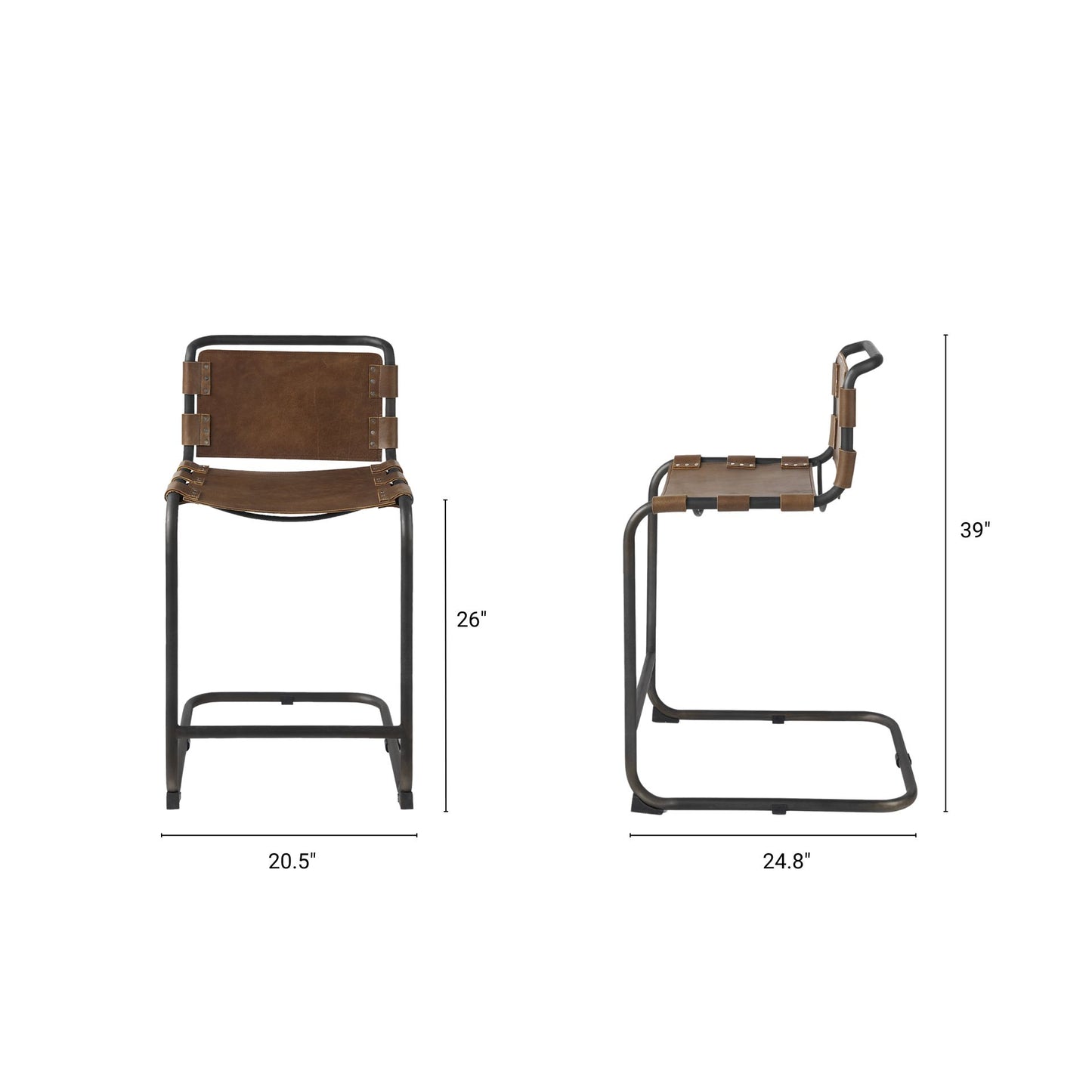 Berbick Leather Seat Bar Counter Stool Brown Leather | Gray Metal | Counter - bar-stools