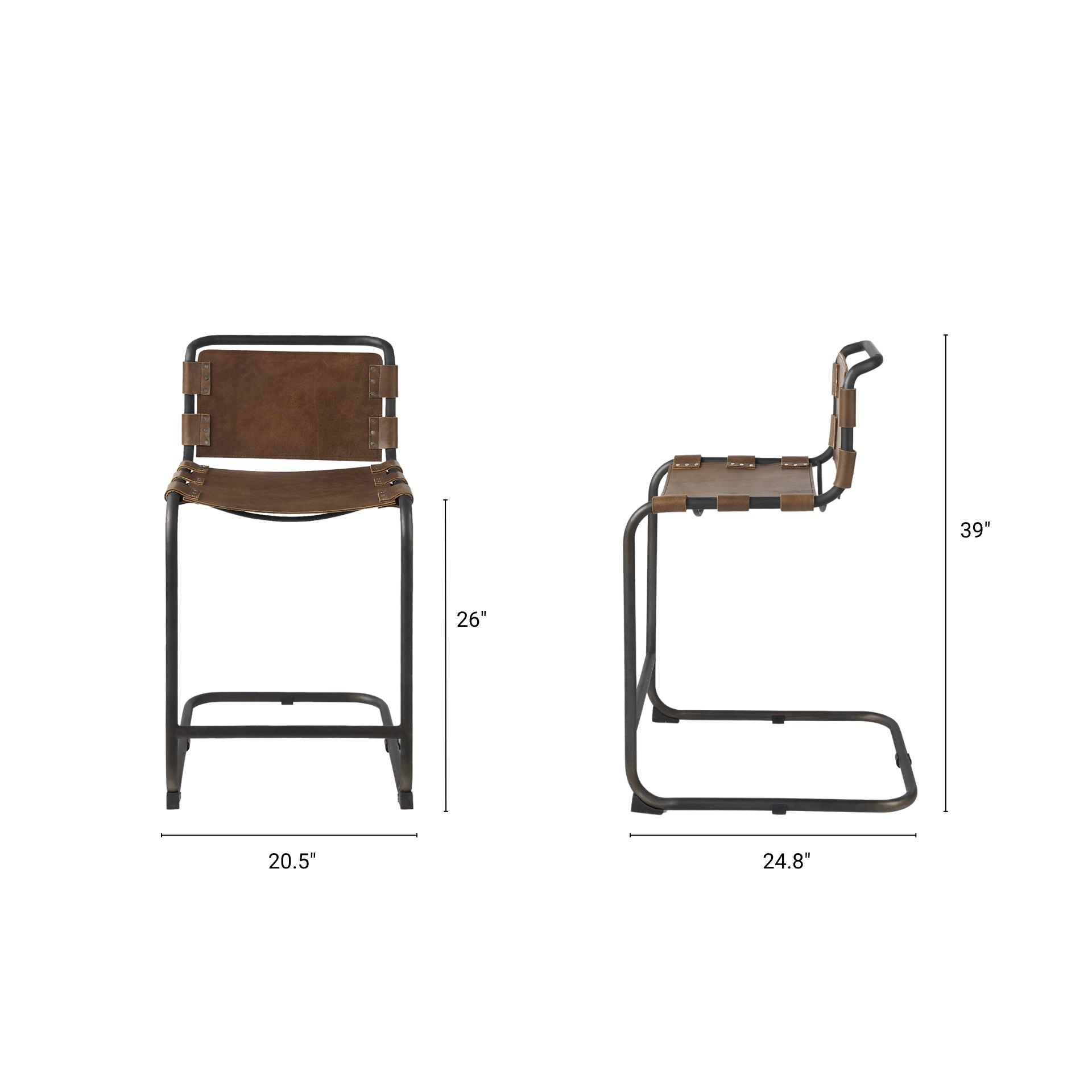 Berbick Leather Seat Bar Counter Stool Brown Leather | Gray Metal | Counter - bar-stools