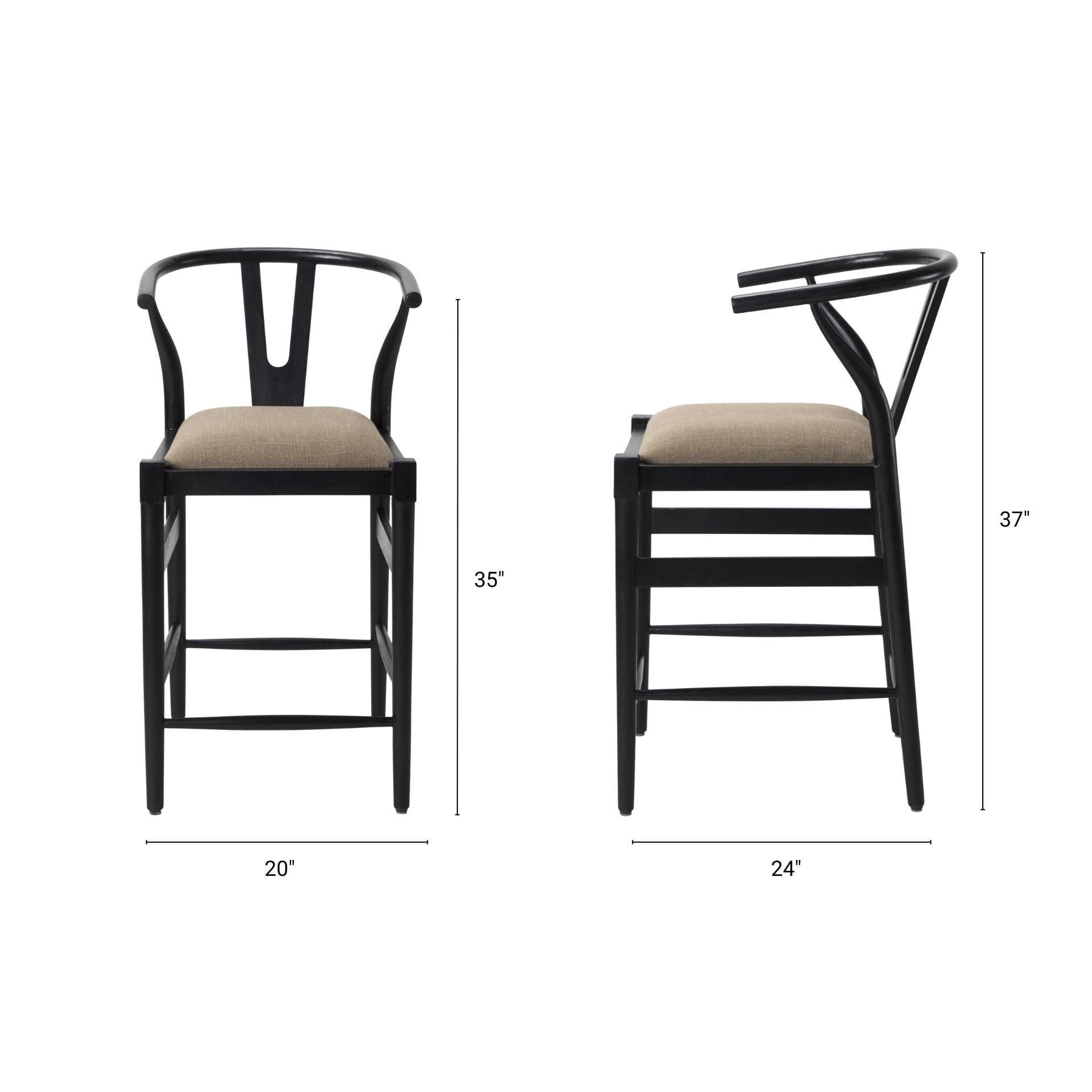 Trixie Upholstered Seat Bar Counter Stool Beige Fabric | Black Wood | Counter - bar-stools