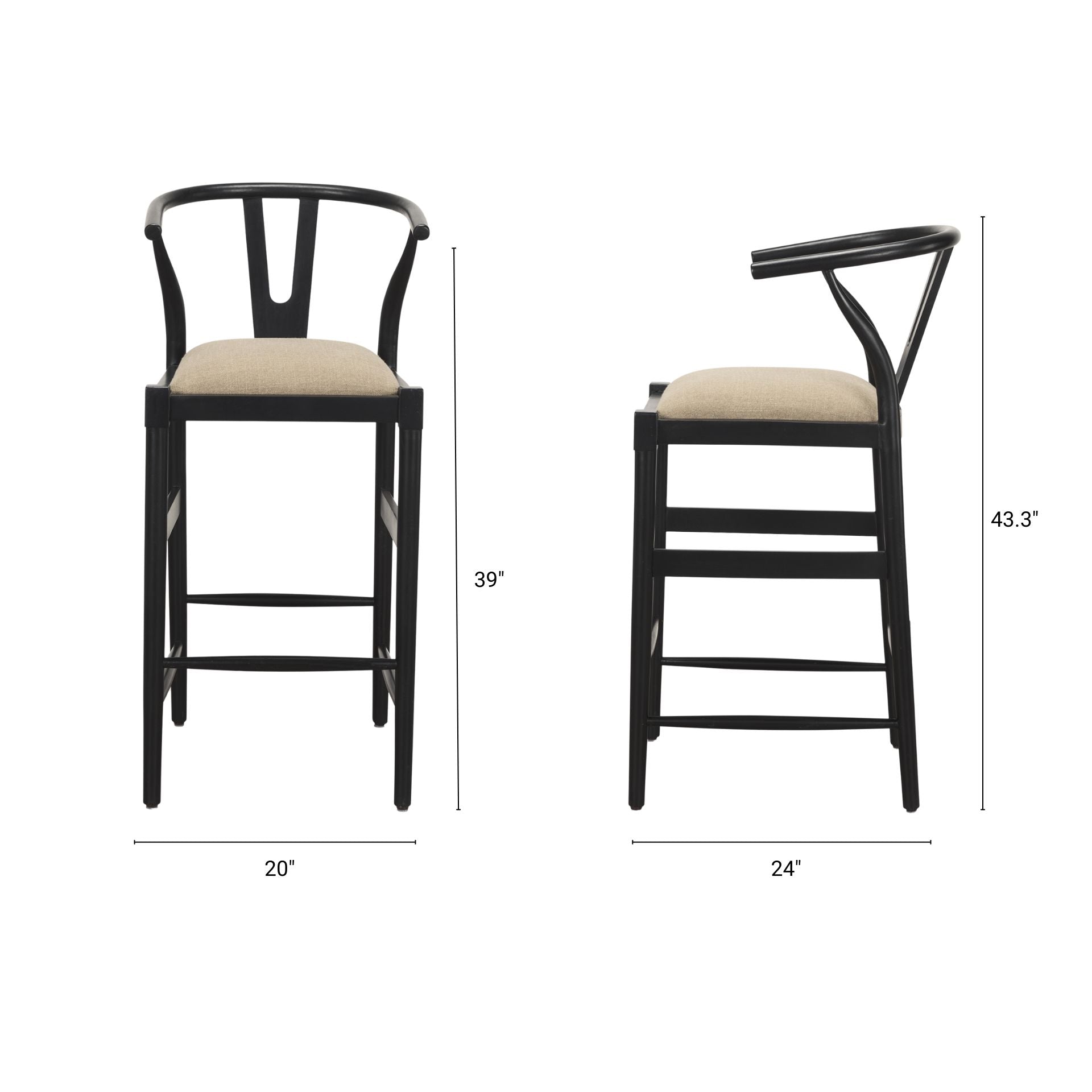 Trixie Upholstered Seat Bar Counter Stool Beige Fabric | Black Wood | Bar - bar-stools