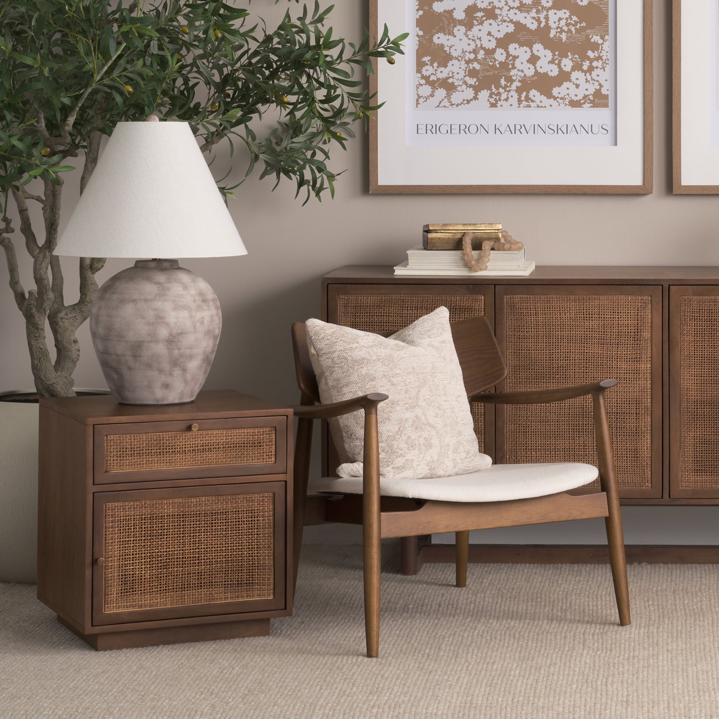 Haggen Upholstered Accent Chair Medium Brown Wood | Cream Fabric - accent-chairs