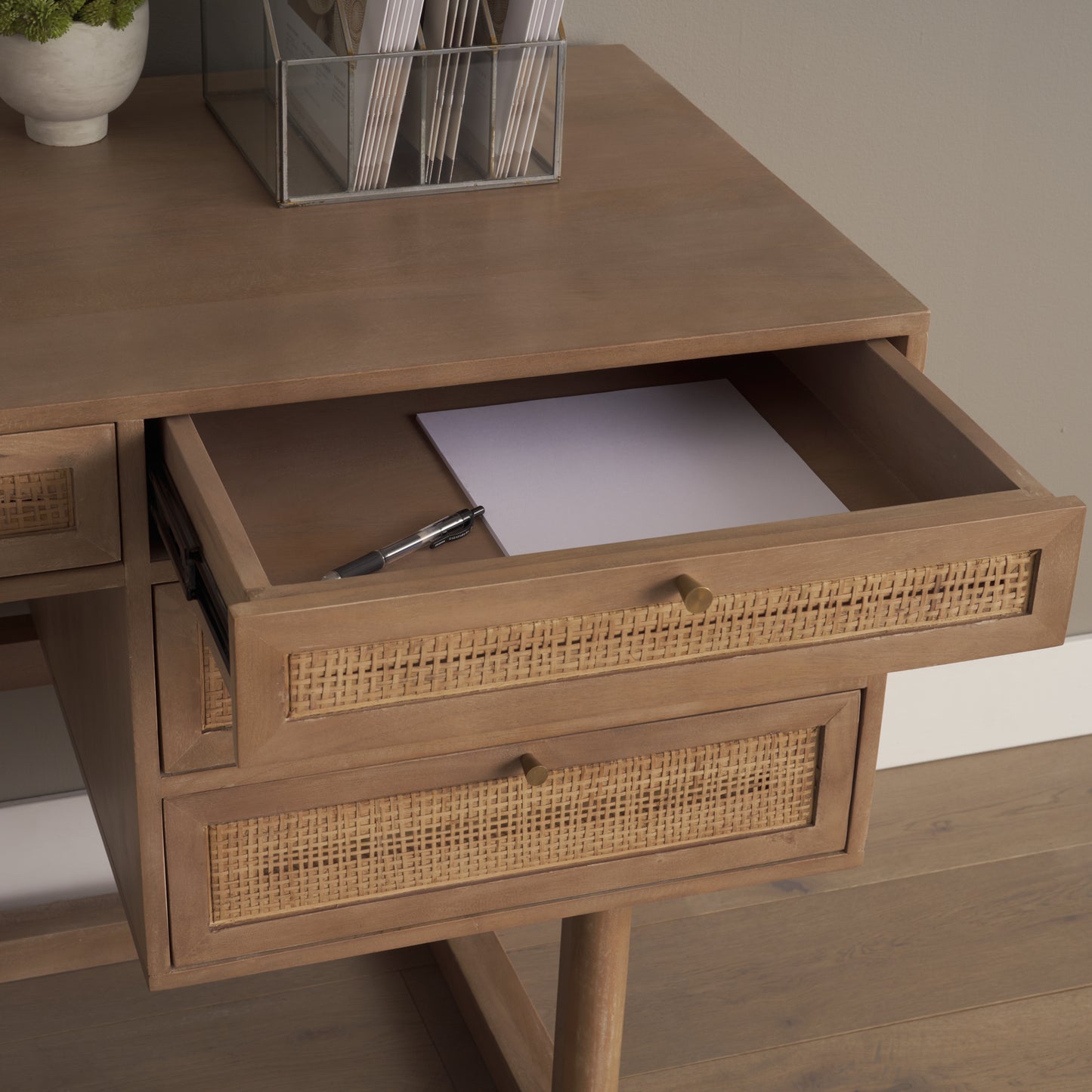 Grier Office Desk Light Brown Wood | Cane Accent - office